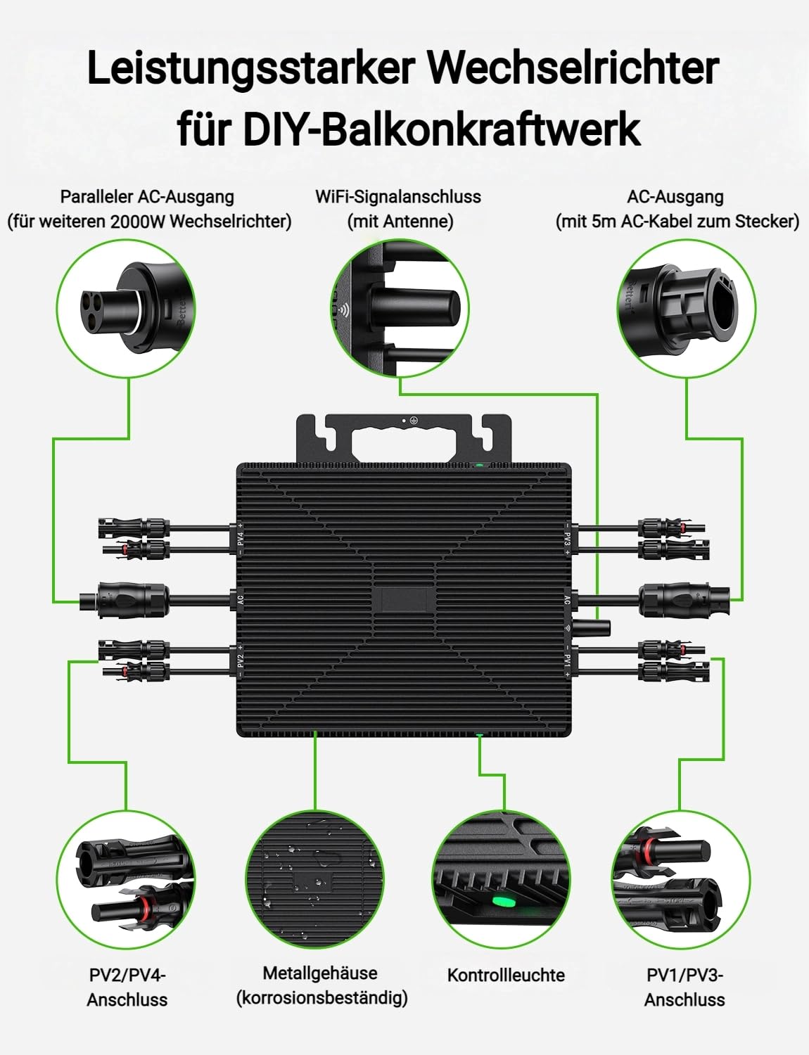Wechselrichter 2000W mit WLAN & App, 4X MPPT 99.5% Tracking 800W-2000W Solar Wechselrichter mit IP67 Wasserdichter Mikrowechselrichter für Balkonkraftwerk, Inverter mit 5m AC-Kabel(0% MwSt)