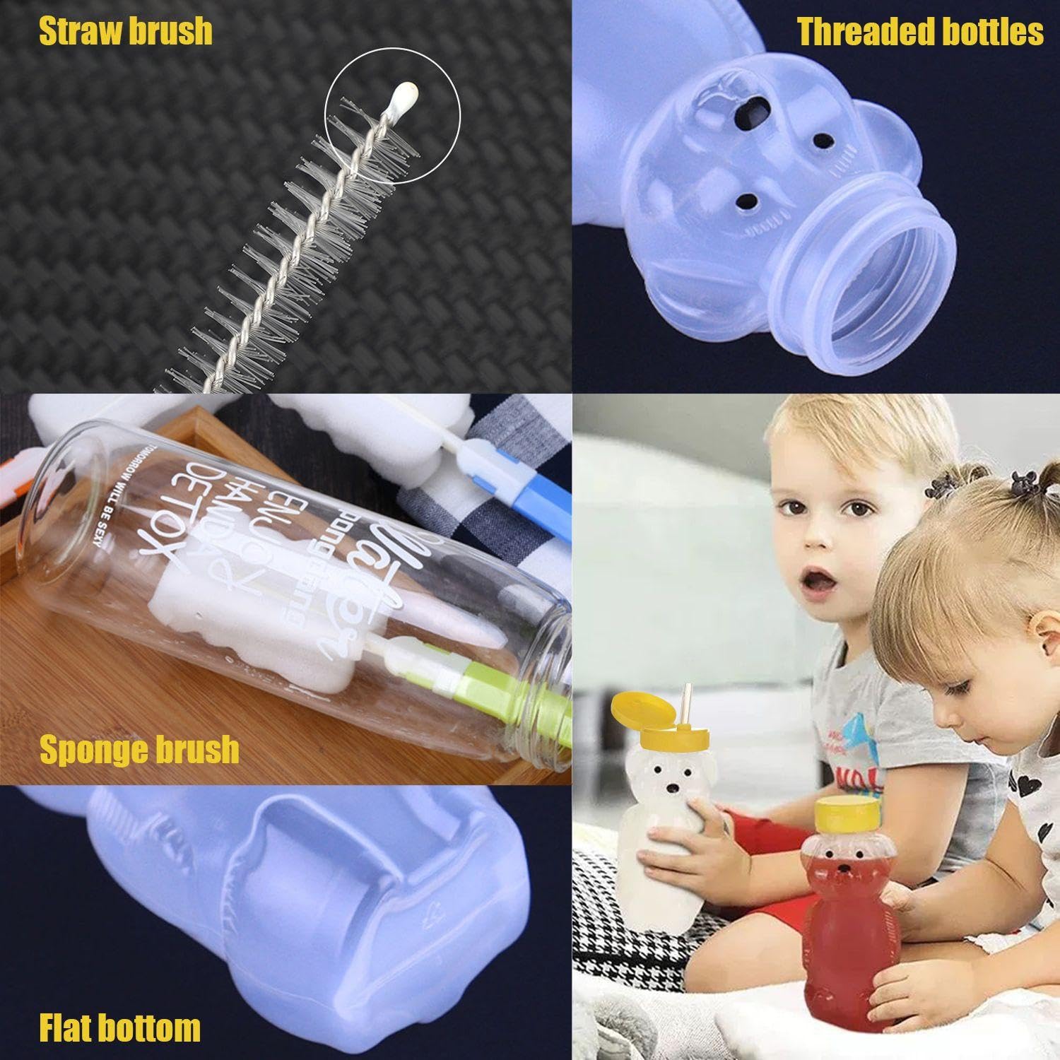 3 Pièces De Bouteilles En Paille D'Ours, 1 Brosse À Éponge, 3 Brosses À Paille, Design Mignon, Adapté Aux Enfants, 230 Ml, Jaune, Bleu, Orange