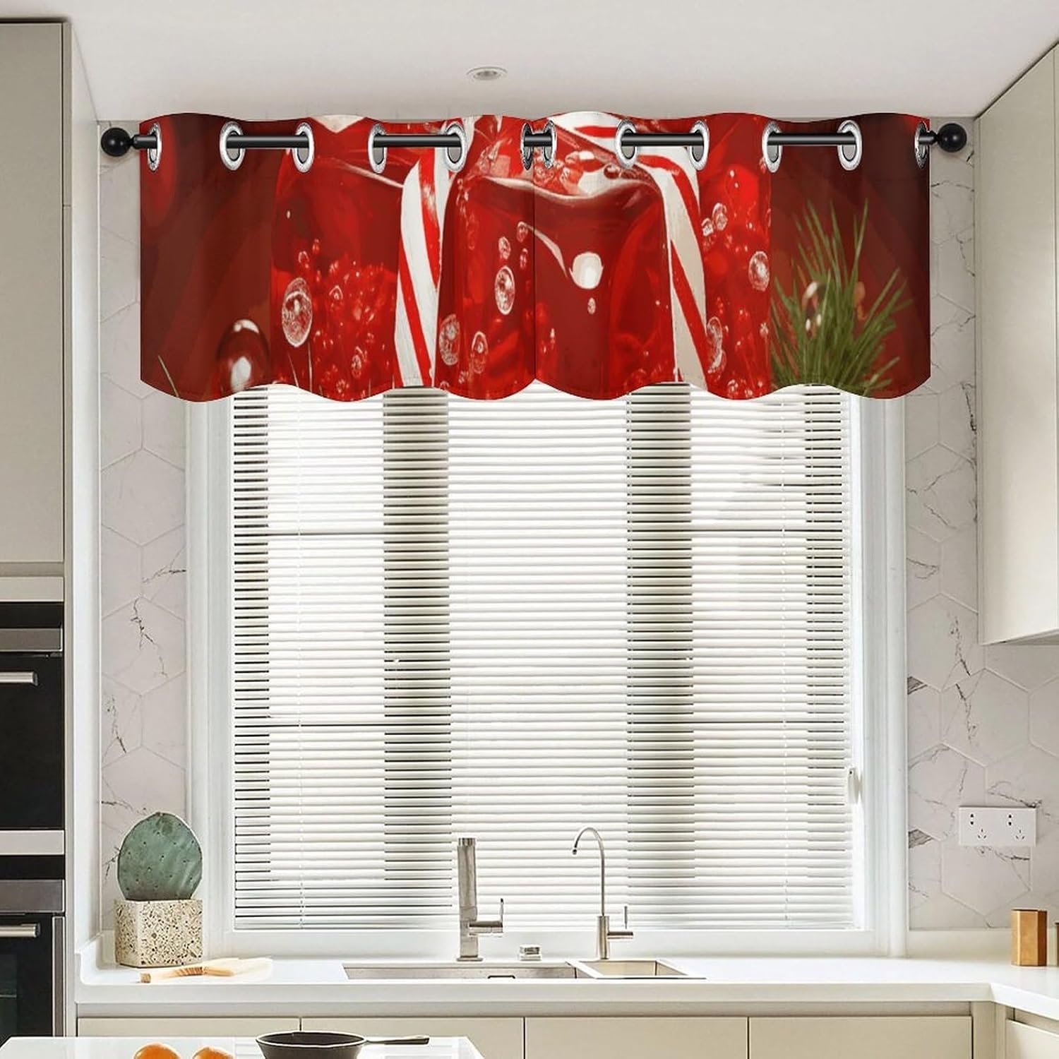 Red Christmas Candy Valances for Window 2 Panels. Light Filtering Curtains Farmhouse Short Small Valance.Modern Curtains for Windows Living Room Kitchen Over Sink.