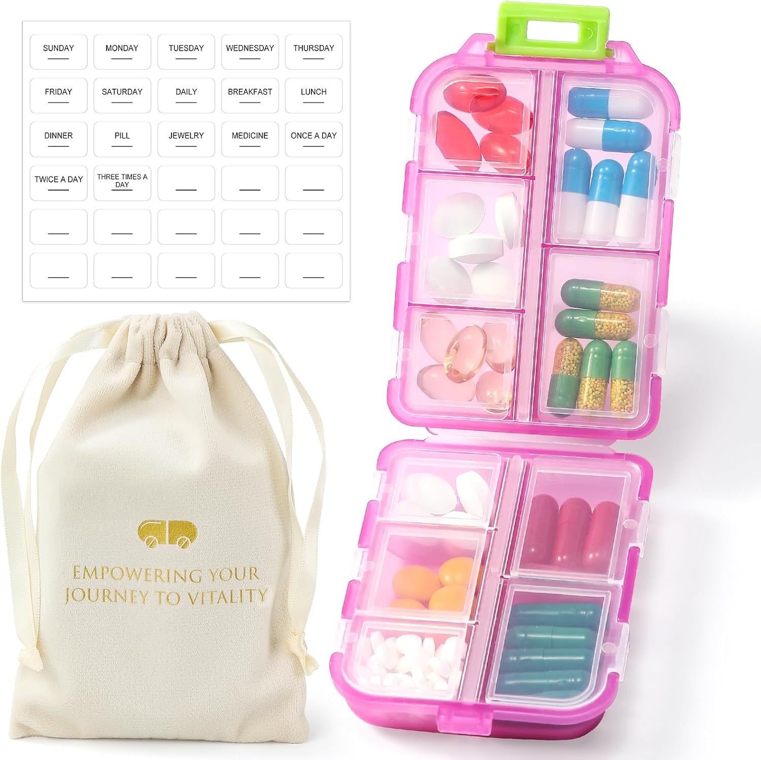 1 Pack Travel Pill Organizer w Labels & 1 Drawstring Pouch