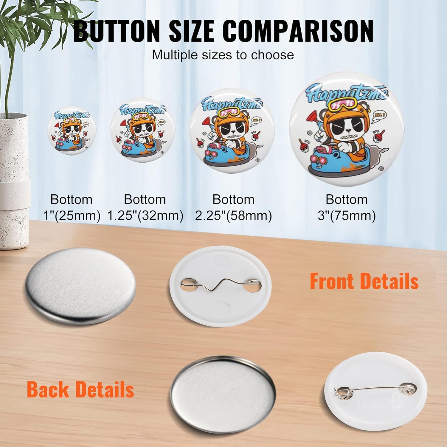 VEVOR 500 Sets 1.25 inch 32mm Pin Back Button Parts for Button Maker Machine, DIY Round Button Badge Parts, Set Includes Metal Top, Plastic/Metal Button, Clear Film, and Blank Paper For Gifts Presents