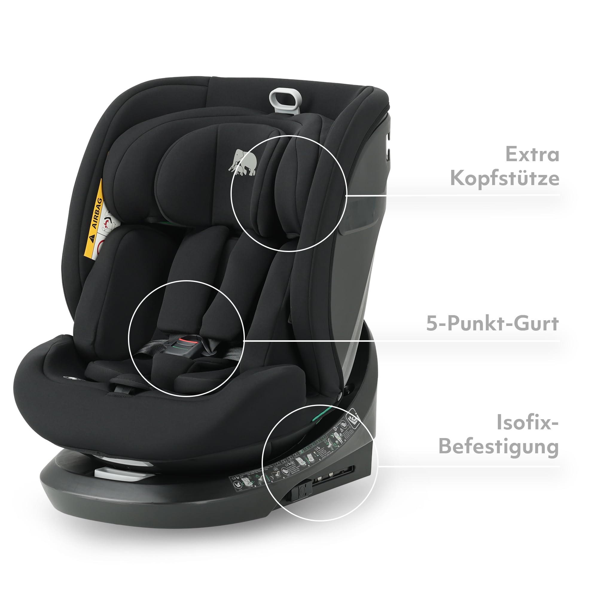 Deryan Cassie i-Size Kindersitz 40-150 cm - Gruppe 0+/1/2/3, Drehbarer Autositz 360°, 0-12 Jahre (0-36 kg), Isofix, Gurtbefestigung, Seitenaufprallschutz, Verstellbare Kopfstütze (Schwarz)