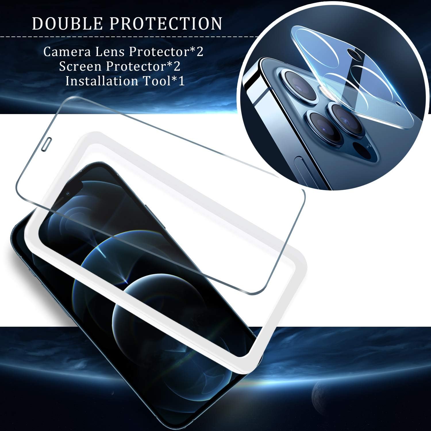 [4 Pack] 2 Pack Screen Protector Compatible With iPhone 12 Pro Max (6.7") + 2 Pack Camera Lens Protector Tempered Glass for iPhone 12 Pro Max, [Easy Installation Frame] [Anti-Scratch] [Bubble Free] - Clear