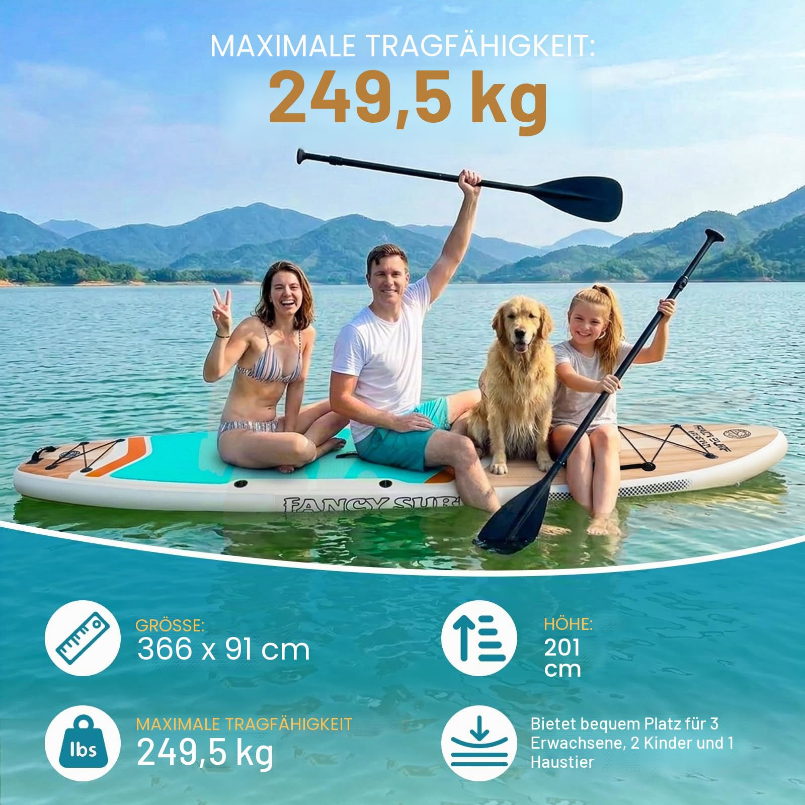 366cm x 90cm Aufblasbares Stand Up Paddling Board mit Kajaksitz, 250kg Sup Paddle Board for Adults with Pump, Fins, Backpack, Accessories & Waterproof Phone Pouch for Fishing, Yoga, Touring