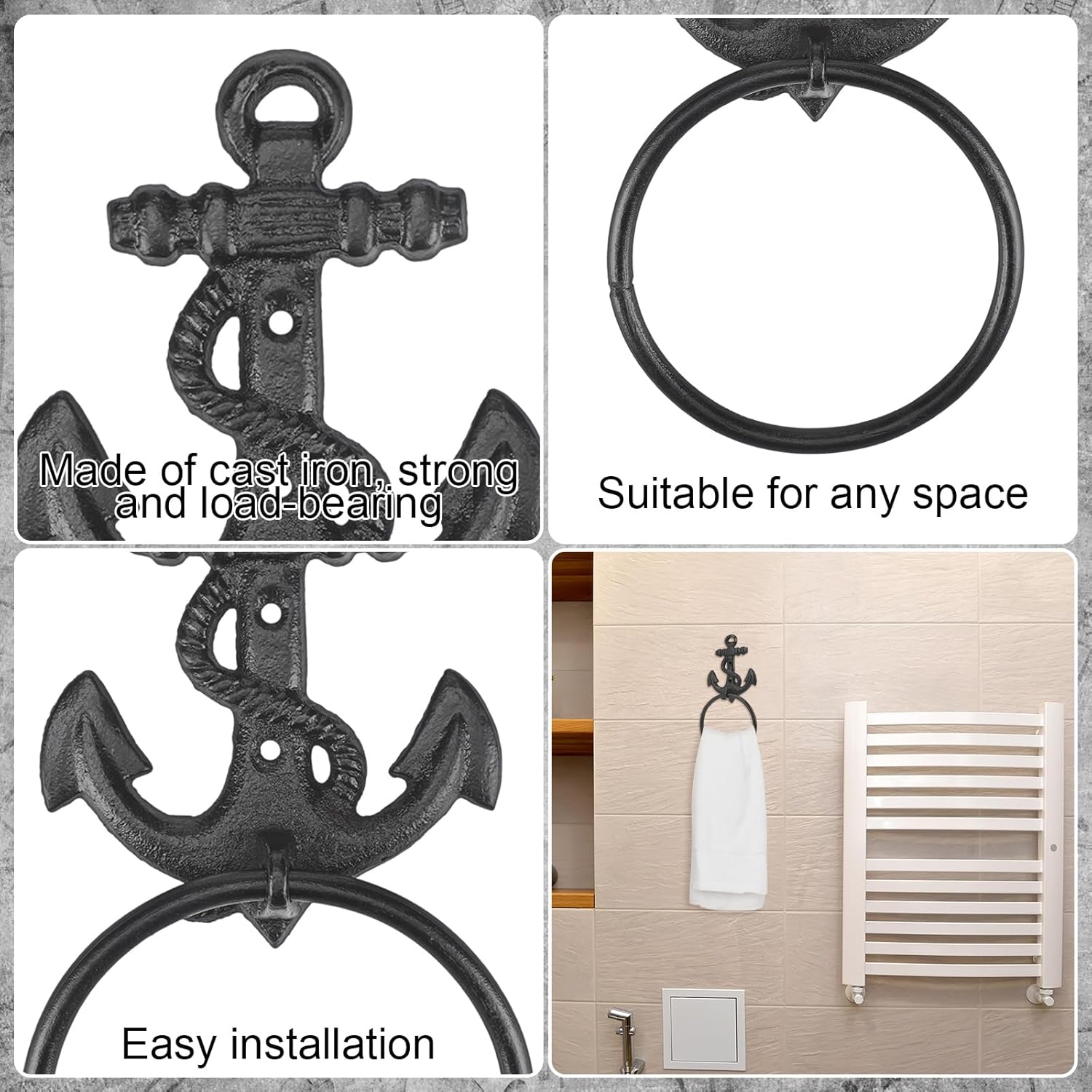 2 Pcs Nautical Towel Ring Cast Iron Anchor Hand Towel Holder Vintage Decorative Wall Mount Kitchen Bathroom Hanger for Ocean Nautical Bathroom Decor Accessories(Black)