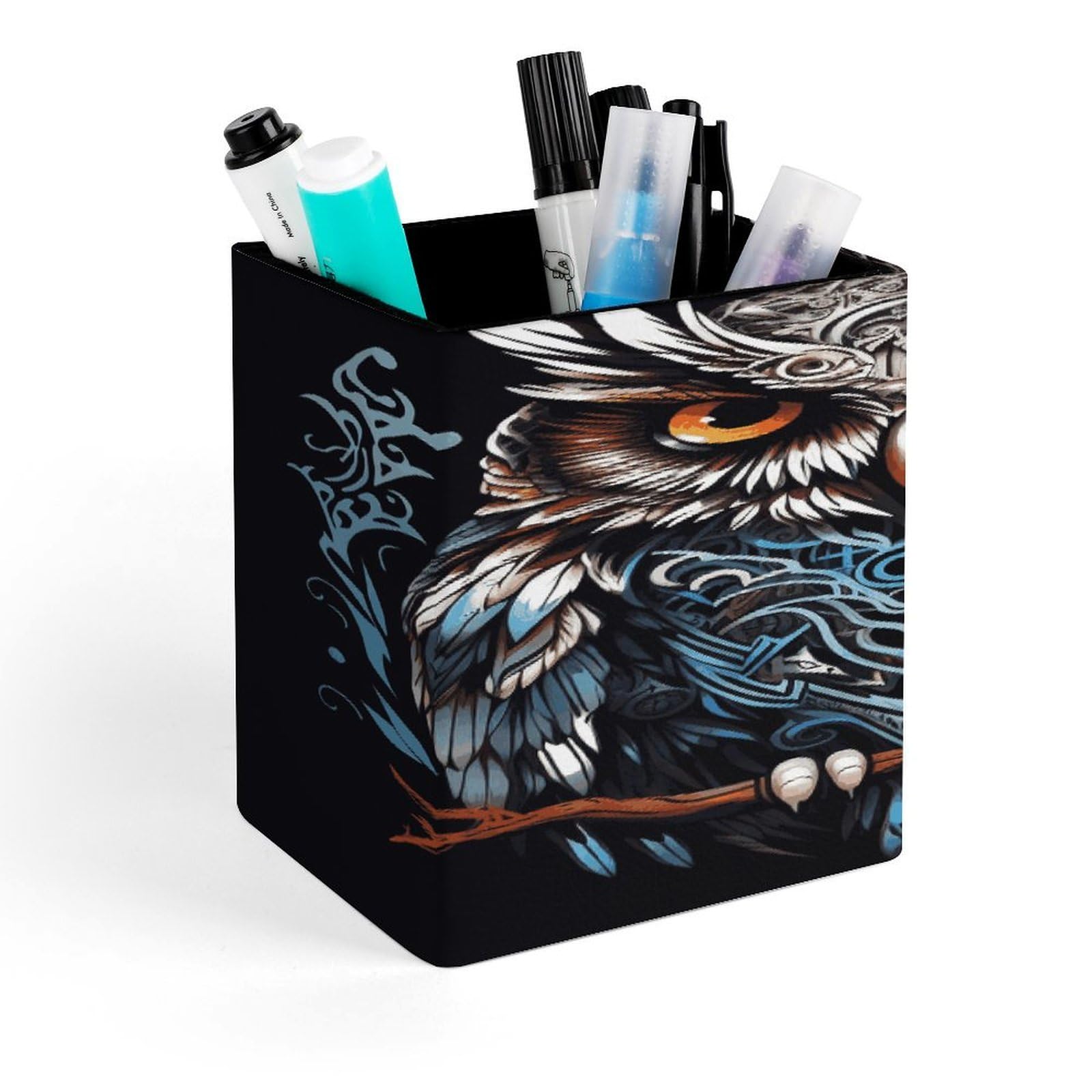 FekiLoot Owl Pencil Holder for Desk Square Leather Pen Holder Cup Desktop Organizer Multi-Functional Pencil Cup Holders Modern Decorative Desk Organizer Caddy Makeup Brush Holders