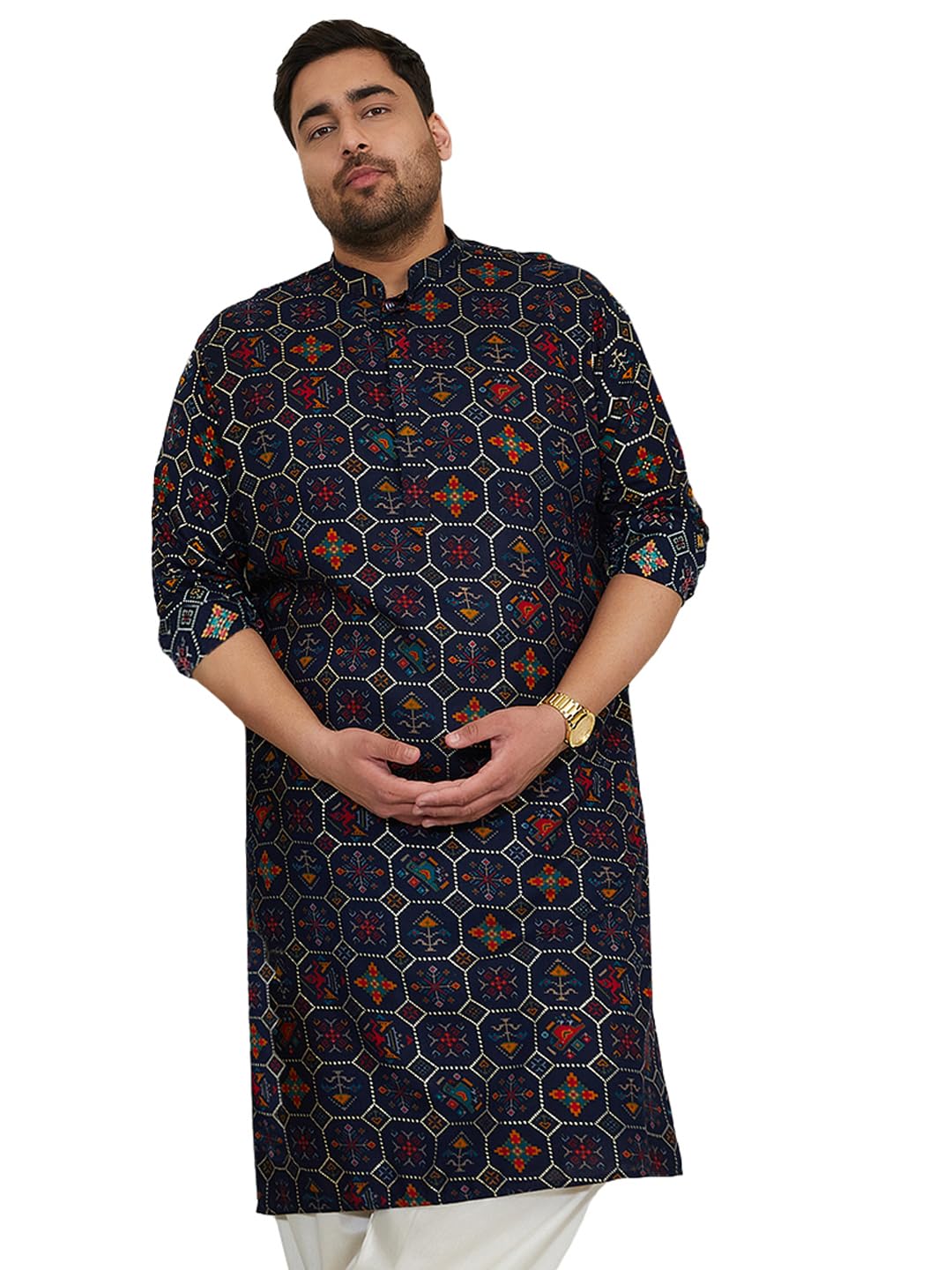 vastramay Men’s Foil Printed Patola Design Kurta – Full Sleeves, Mandarin Neckline, Knee-Length Ethnic Wear-picture-12