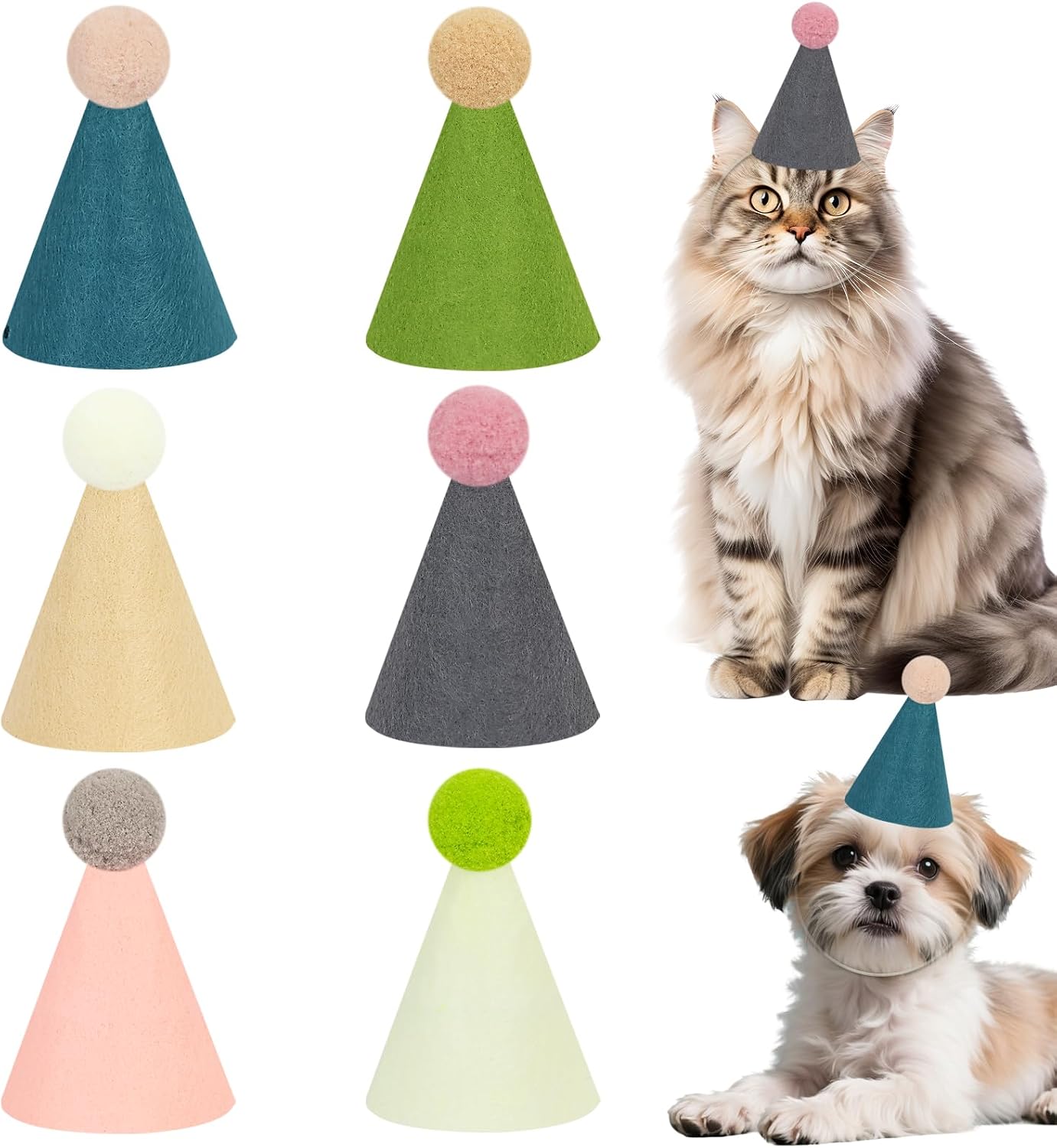 6 Pcs Mini Party Hats for Stuffed Animals, Morandi Birthday Party Cone Hats Dolls Dog Cat Rabbit Puppies Assorted Animal Birthday Decorations