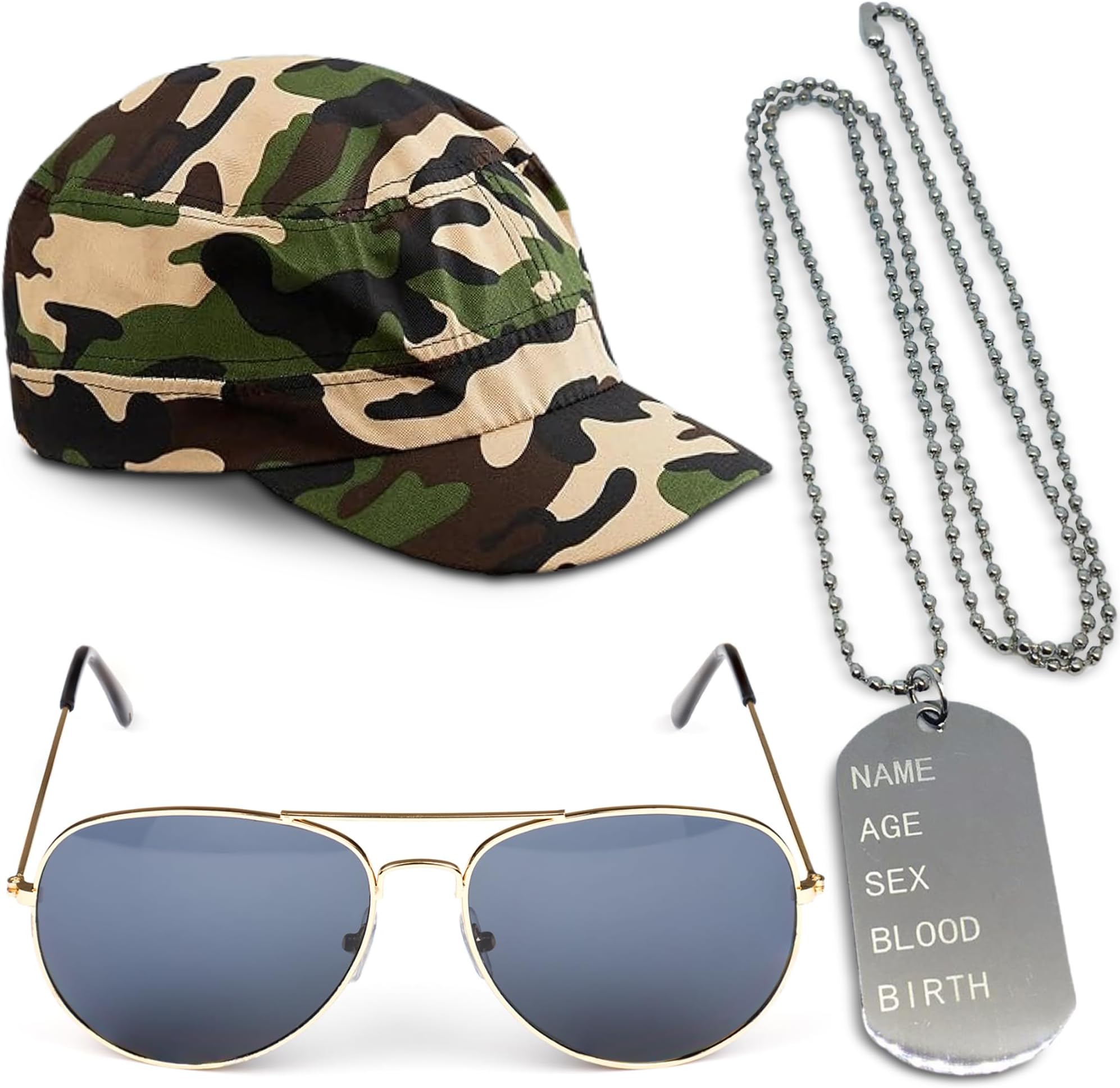 3pc Army Costume Accessories Women and Men - Army Fancy Dress Accessories Set with Camo Cap, Dog Tag Necklace and Gold Aviator Sunglasses - Adult Fancy Dress Soldier Costume Men for Stag Do Outfit