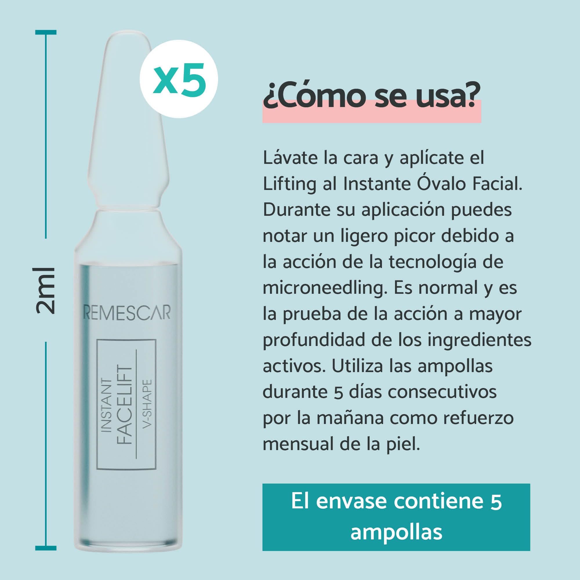 Remescar Sérum Estiramiento Facial Instantáneo 5 Ampollas - Reducción de Arrugas y Flacidez - Reafirma y Contornea la Cara - Resultados Rápidos - Refuerza el Colágeno Facial y Rejuvenece la Piel - 3