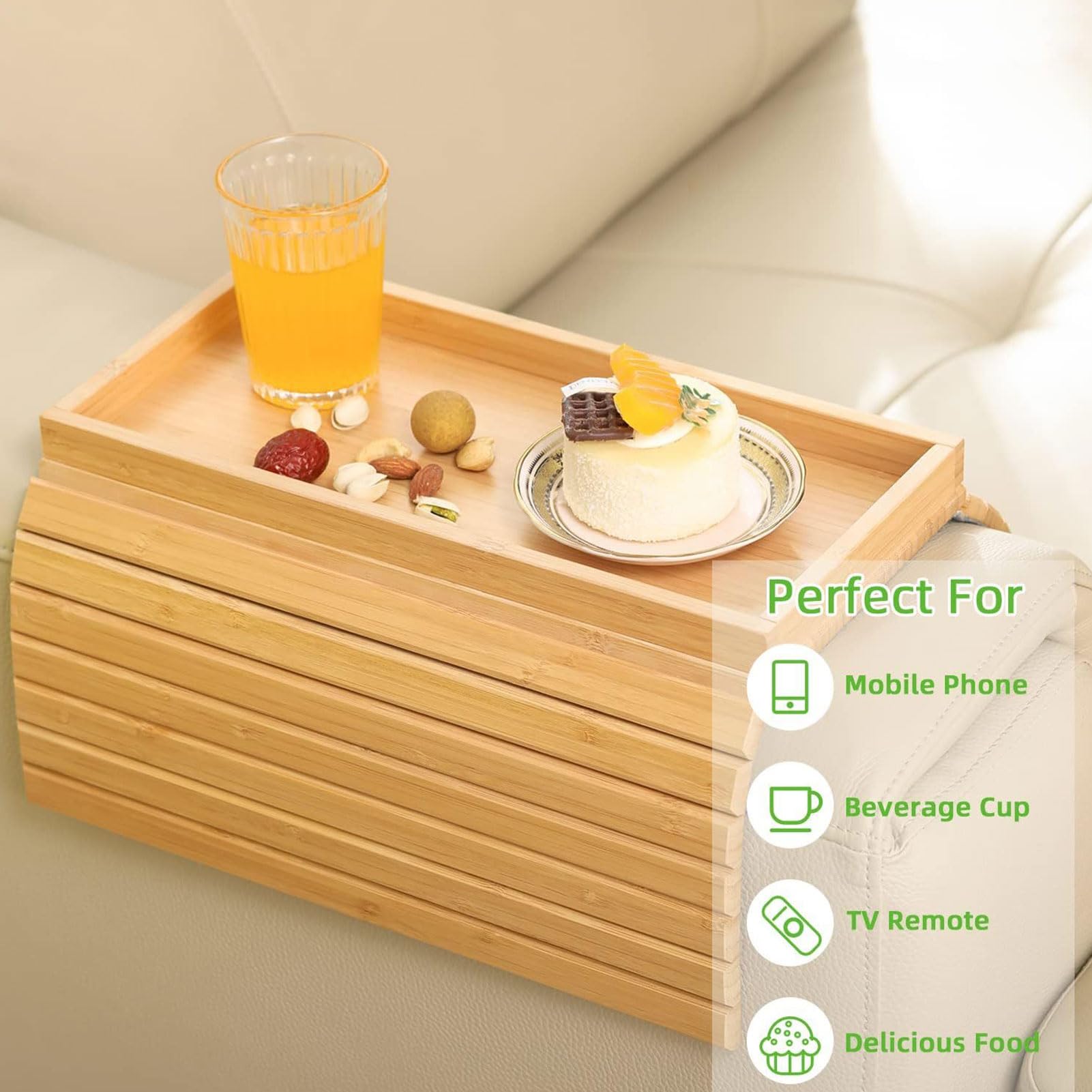 Bandeja para reposabrazos de sofá, bandeja plegable para TV con portavasos extraíble, mesa auxiliar antideslizante para teléfono Drin y aire acondicionado (color madera)