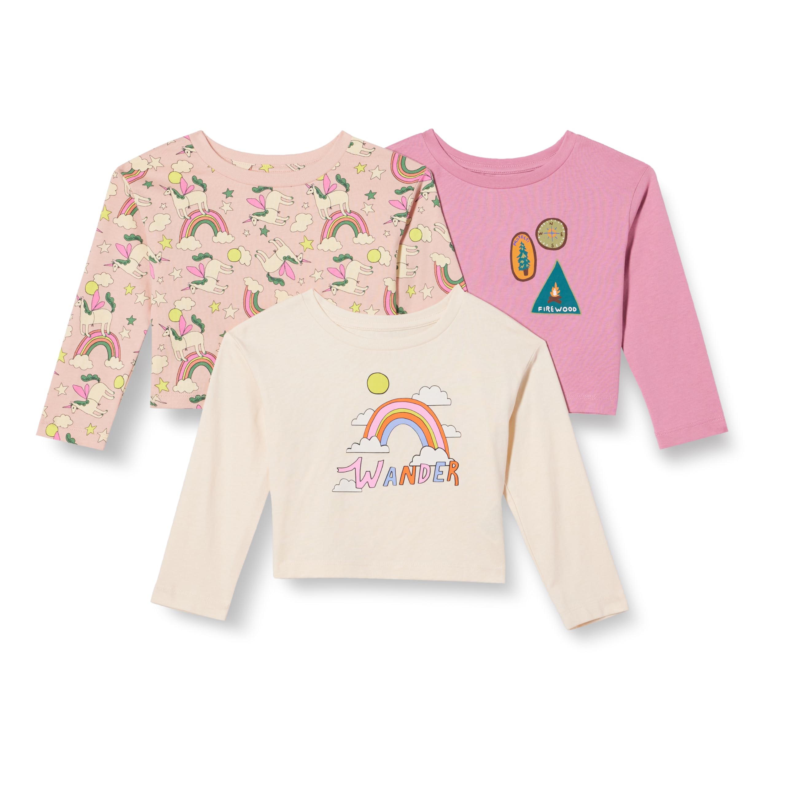 Amazon Essentials Girls' Long Sleeve Cotton T-Shirts, Pack of 3, Badges/Unicorn/Wander, Small