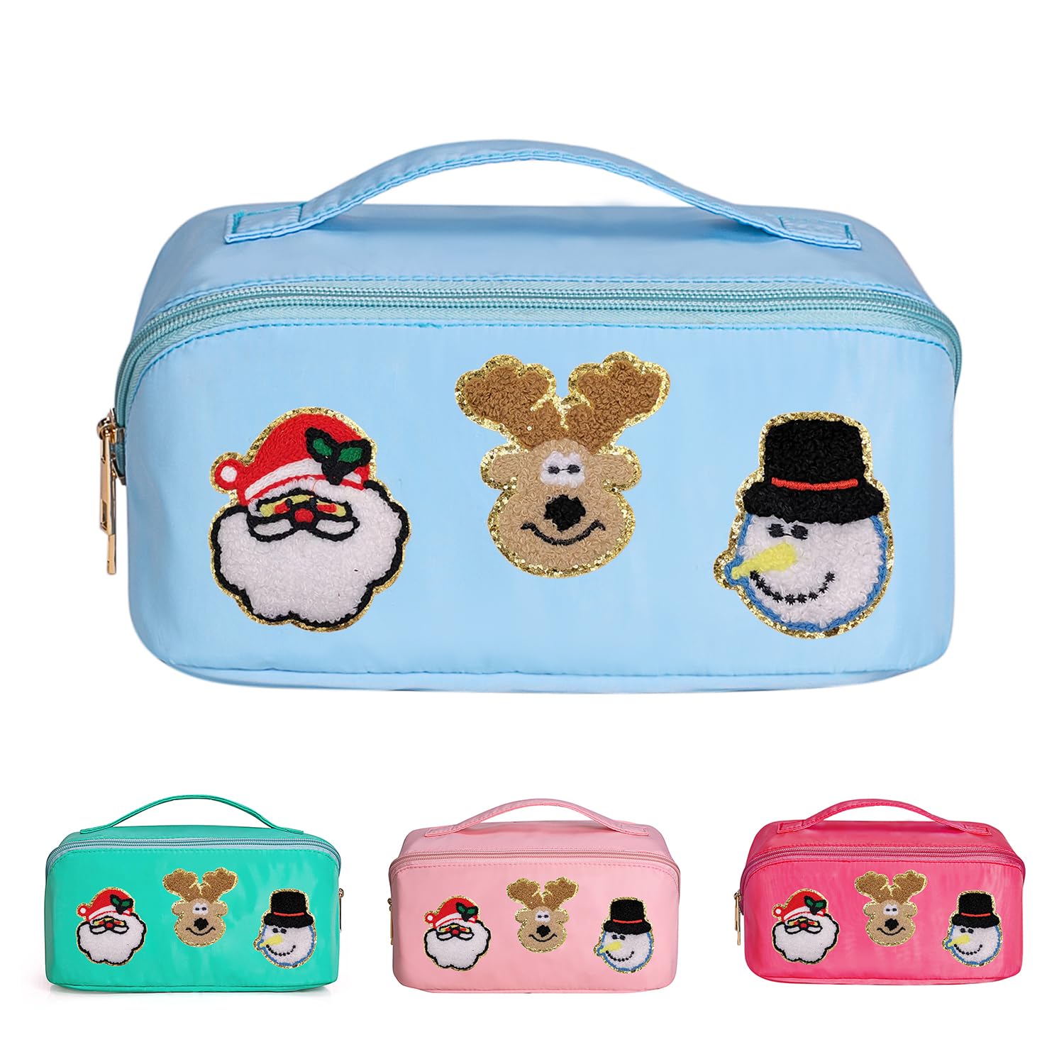 WELLANCEStoney Clover Nylon Large Capacity Travel Cosmetic Bag，Chenille Letter Christmas Santa Wide Open Lay Flat Makeup Bag for Women Girls (Blue), Blue, Nylon Travel Pouch