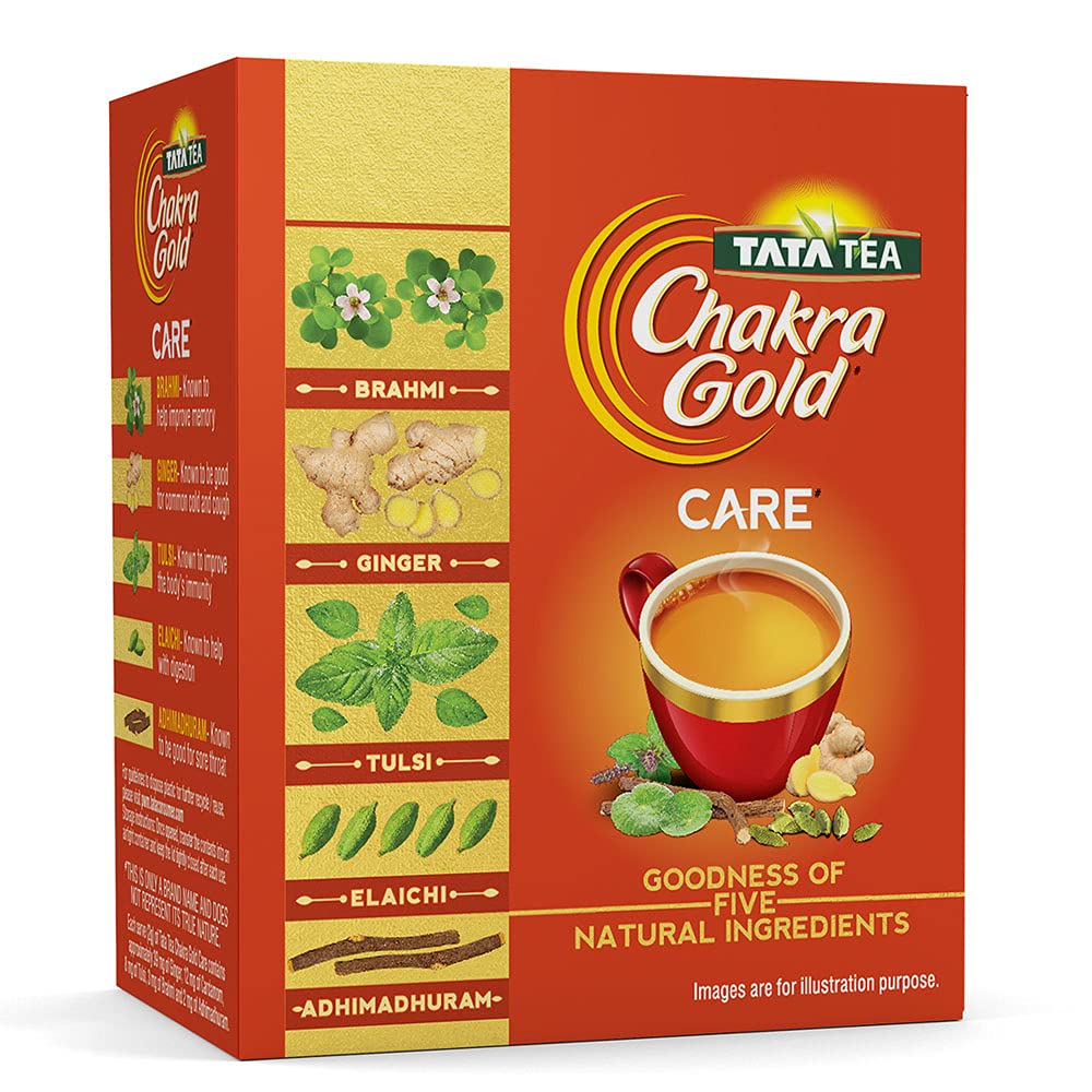 Tata Tea Chakra Gold Care | Goodness of Five Natural Ingredients | Brahmi, Ginger, Tulsi, Elaichi & Adhimadhuram | Flavoured Black Tea | 100g