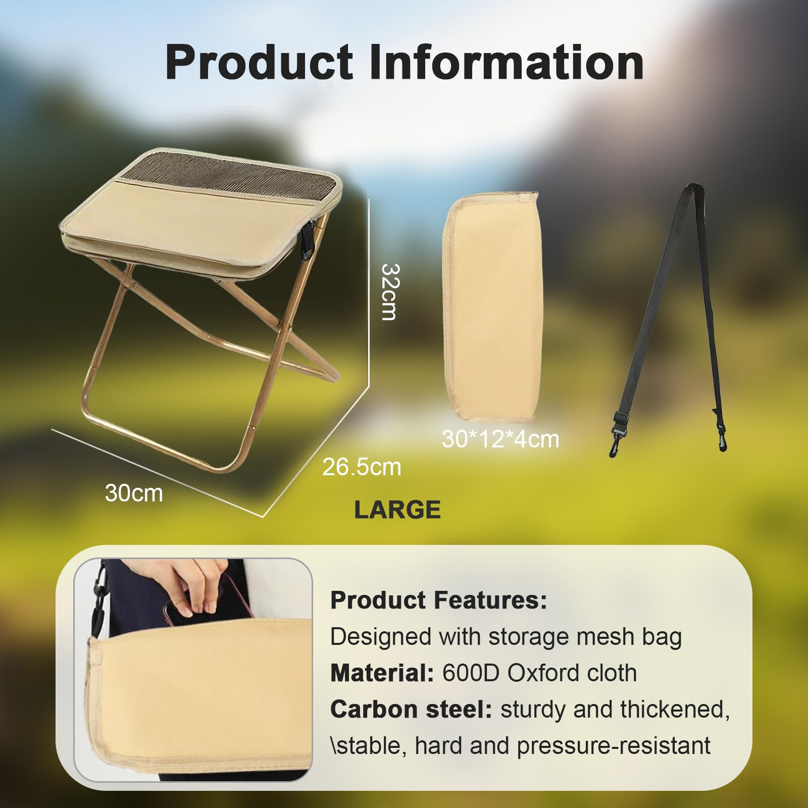 Sgabello Pieghevole in Zaino, Sedia Pieghevole Portatile con Cinghia e Doppia Borsa, Portata Max 120 kg – Per Campeggio, Pesca, Escursionismo (Cachi, Grande)