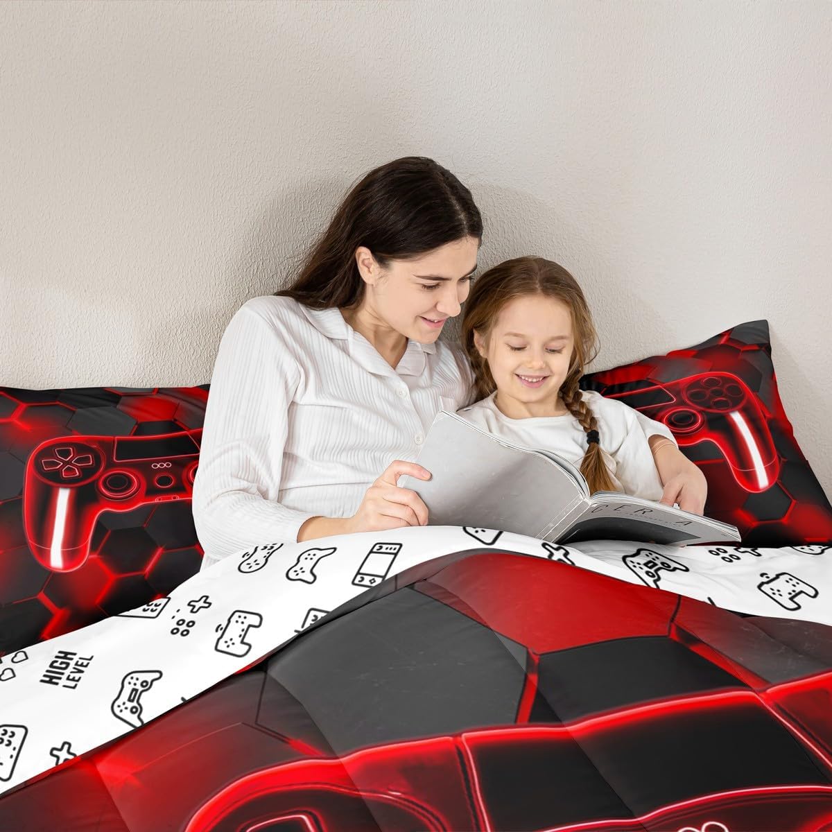 Feelyou Gamer Duvet Quilt Gaming Bedding Set for Kids Boys Girls Teens Room Decor Red and Black Game Console Comforter Set Queen Size Gamepad Honeycomb 3Pcs Breathable Soft Lightweight Microfiber