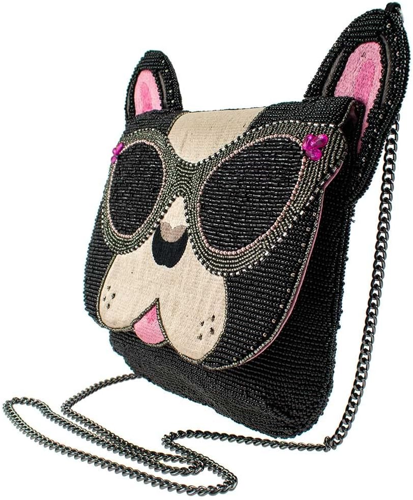 Mary Frances Throw Me A Bone Beaded Handbag – French Bulldog Crossbody Clutch with Sunglasses Motif, Black