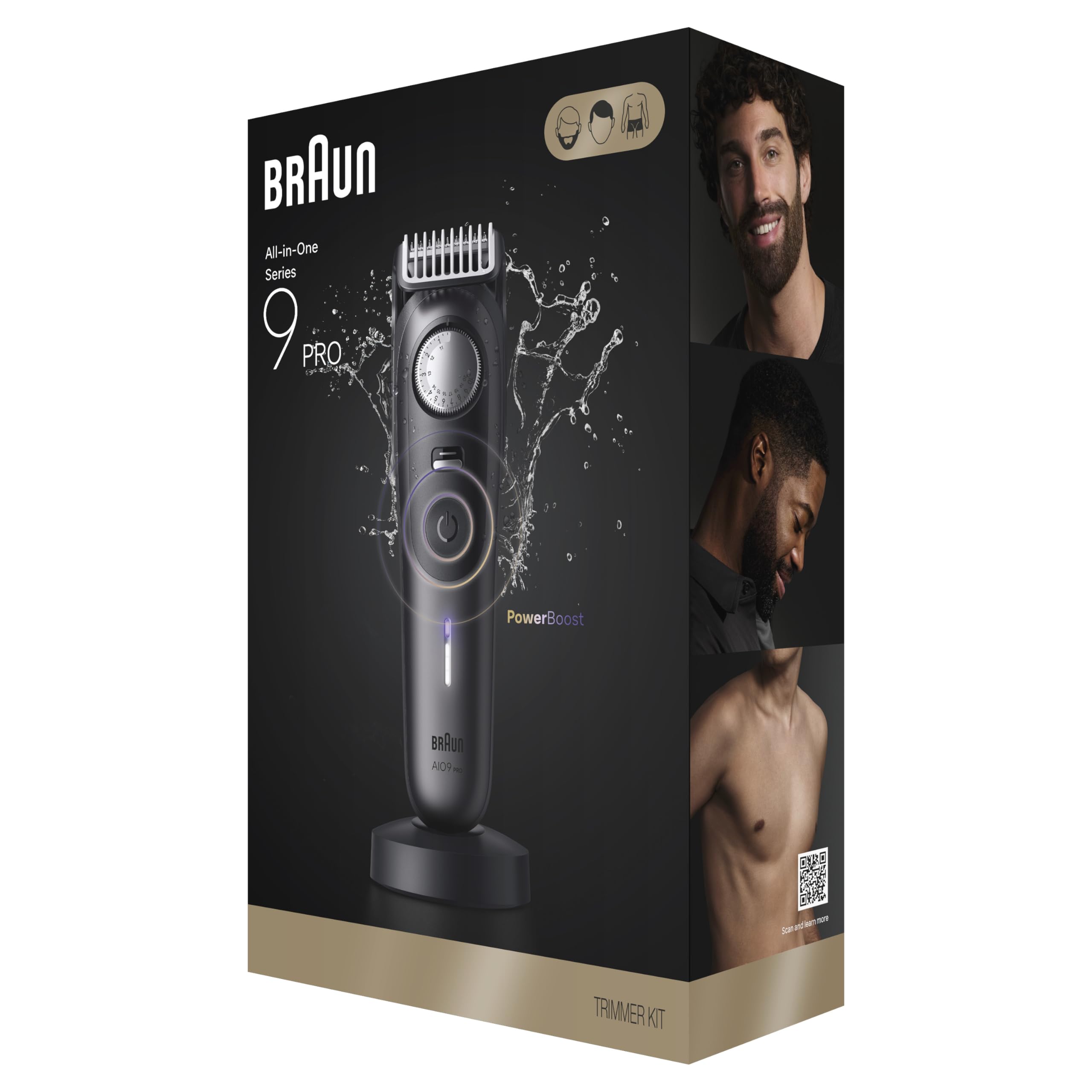 Braun Kit de rasage tout-en-un pour homme série 9 AIO 9555, barbe, visage, nez, oreille, tondeuse à cheveux, tondeuse pour le corps et manscaping