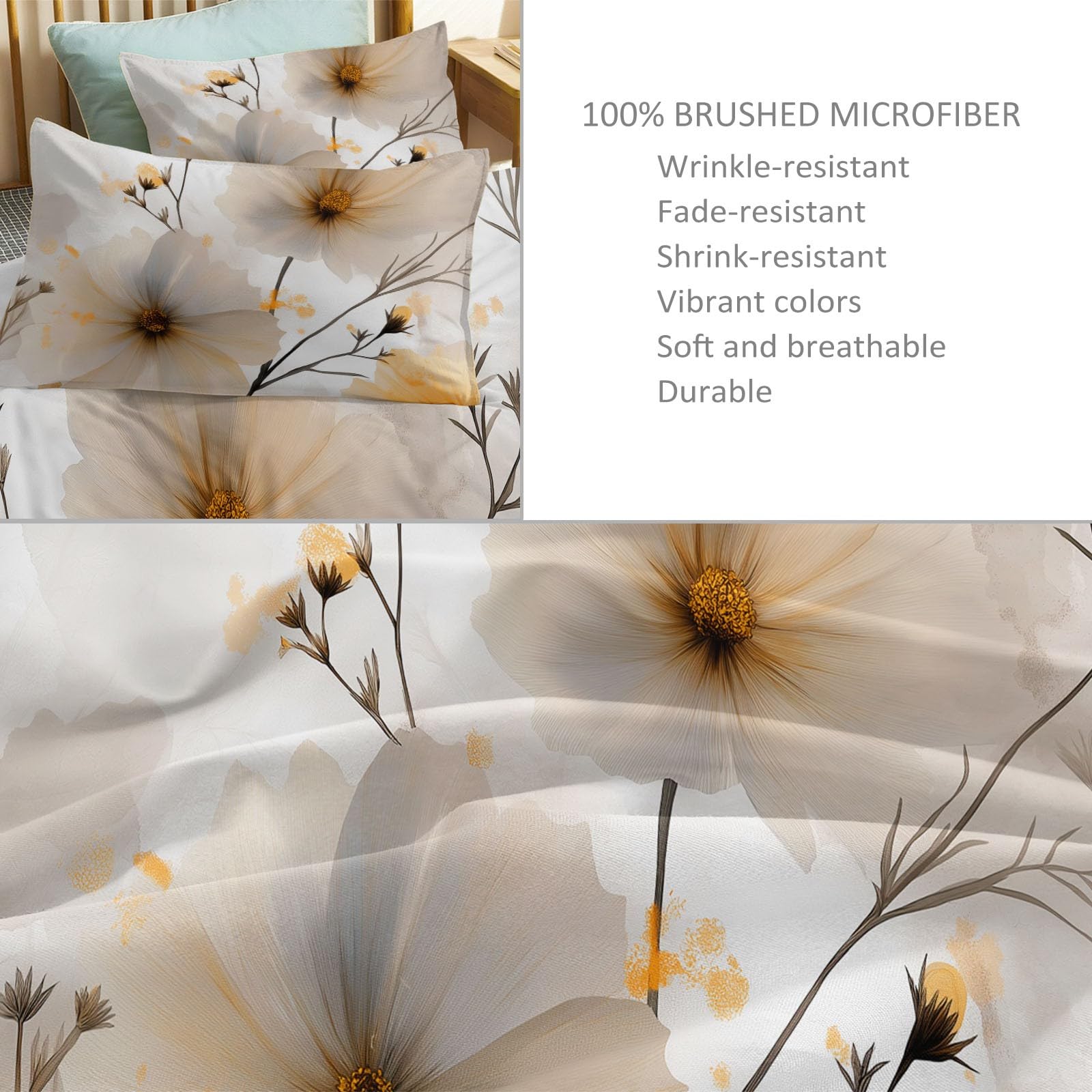 Bardzo miękki i wygodny zestaw pościeli 260 x 220 cm, dwustronne, eleganckie, miękkie kwiaty, dmuchawce, zestaw pościeli super king, można prać w pralce, białe poszewki na kołdrę z 2 poszewkami na