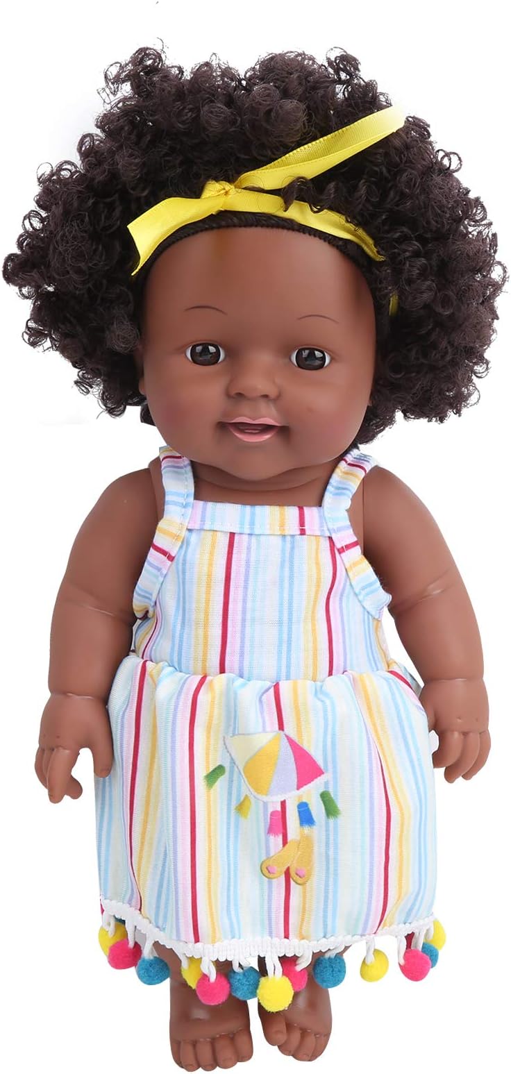 Black Skin Curly Hair Baby Dolls 11.8 Inch Realistic Girl Doll Handmade African American Dolls Newborn Cute Girl Lifelike for Kids Age 3+(Black)