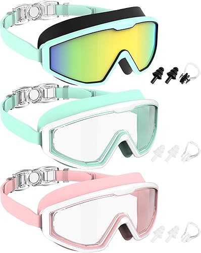 Vista 20 de NSSIW Gafas de natación para niños, antiniebla, sin fugas, con clip para la nariz, tapones para los oídos para niñas, niños y jóvenes, 6-14, paquete