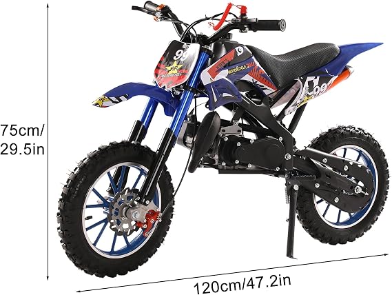 50CC Kids Dirt Bike, 2-Stroke Gas Power Motocross, Gas Dirt Bikes for Kids 8-14, Mini Motorcycle for Adults Child Uphill and Off-Road with Front Rear Disc Brakes, Racing Max Speed 40km/H Blue S