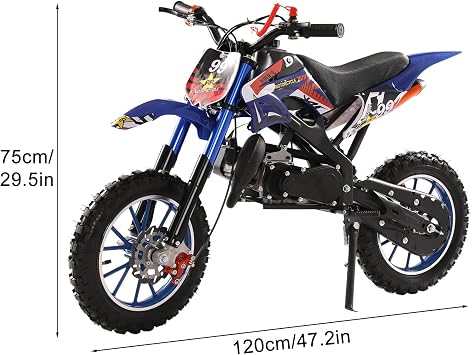 50CC Kids Dirt Bike, 2-Stroke Gas Power Motocross, Gas Dirt Bikes for Kids 8-14, Mini Motorcycle for Adults Child Uphill and Off-Road with Front Rear Disc Brakes, Racing Max Speed 40km/H Blue S
