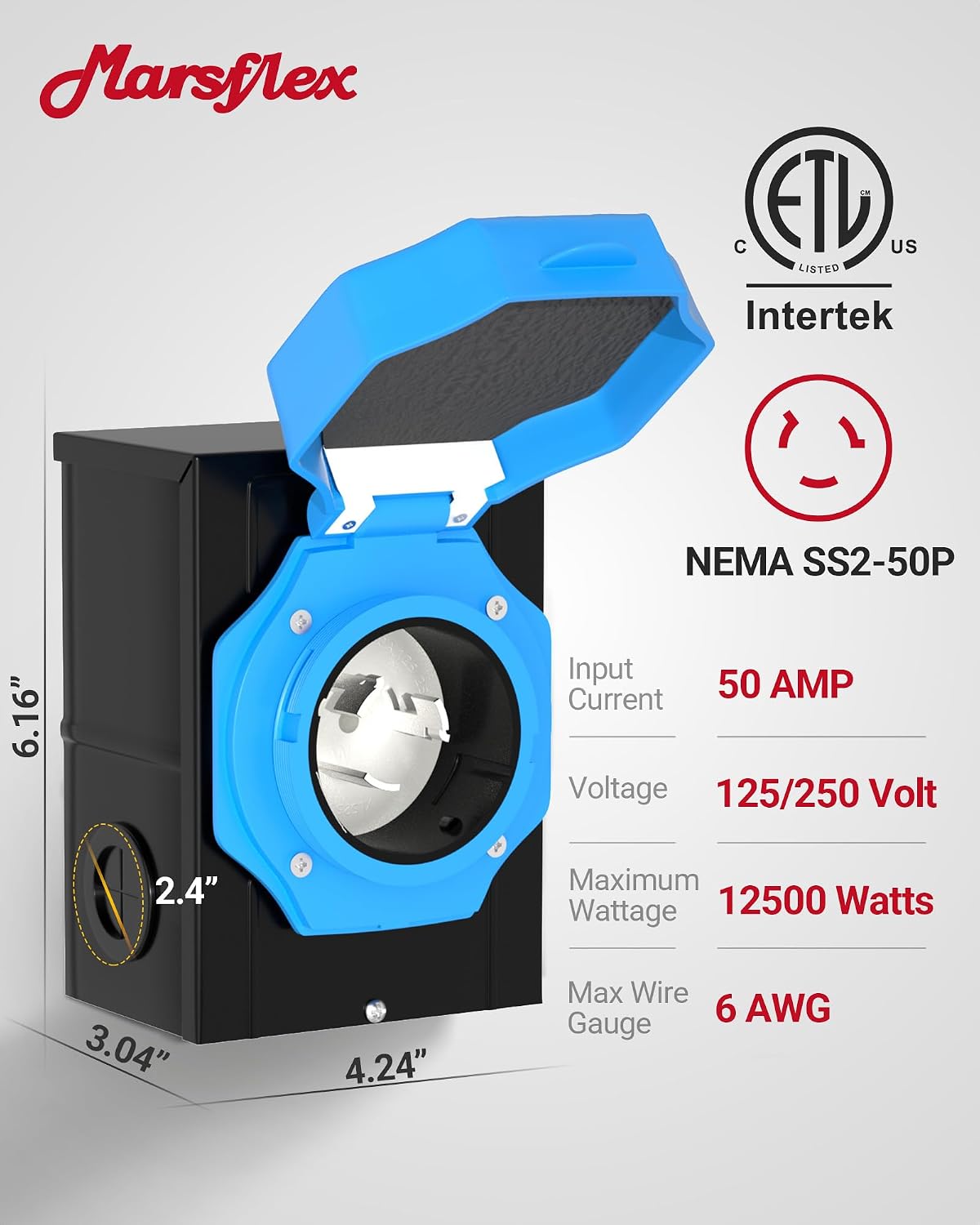 Marsflex 50 Amp Generator Inlet Box, Pre-Drilling NEMA SS2-50P Power Inlet Box for 125/250 Volt, 12500 Watts Generator Power Inlet Box, Weatherproof Outdoor Use with LED Power Indicator, ETL Listed