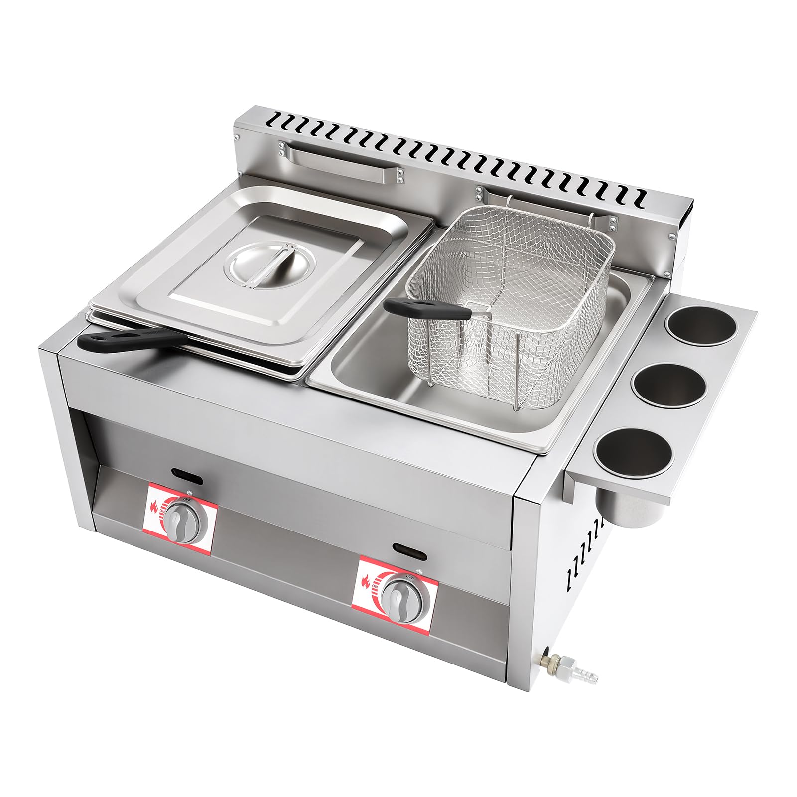 Lot de 2 friteuses à gaz de 6 l - En acier inoxydable - Avec panier à frire - Gobelets latéraux et couvercle - Température réglable de 50 à 380 °C - Pour le restaurant