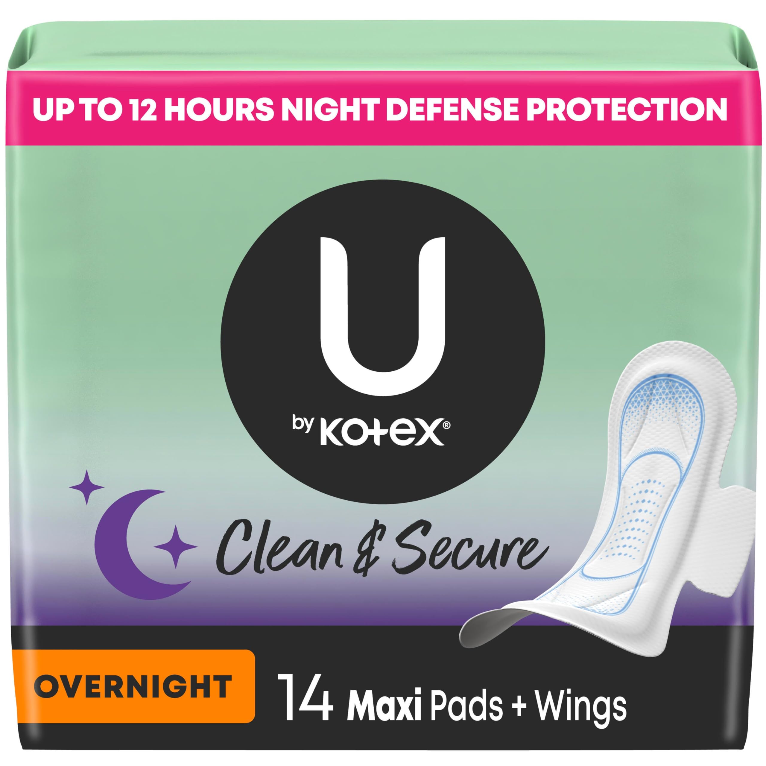 U by Kotex Maxi Pads with Wings, Clean & Secure, Overnight Absorbency, 14 Count (Packaging May Vary)