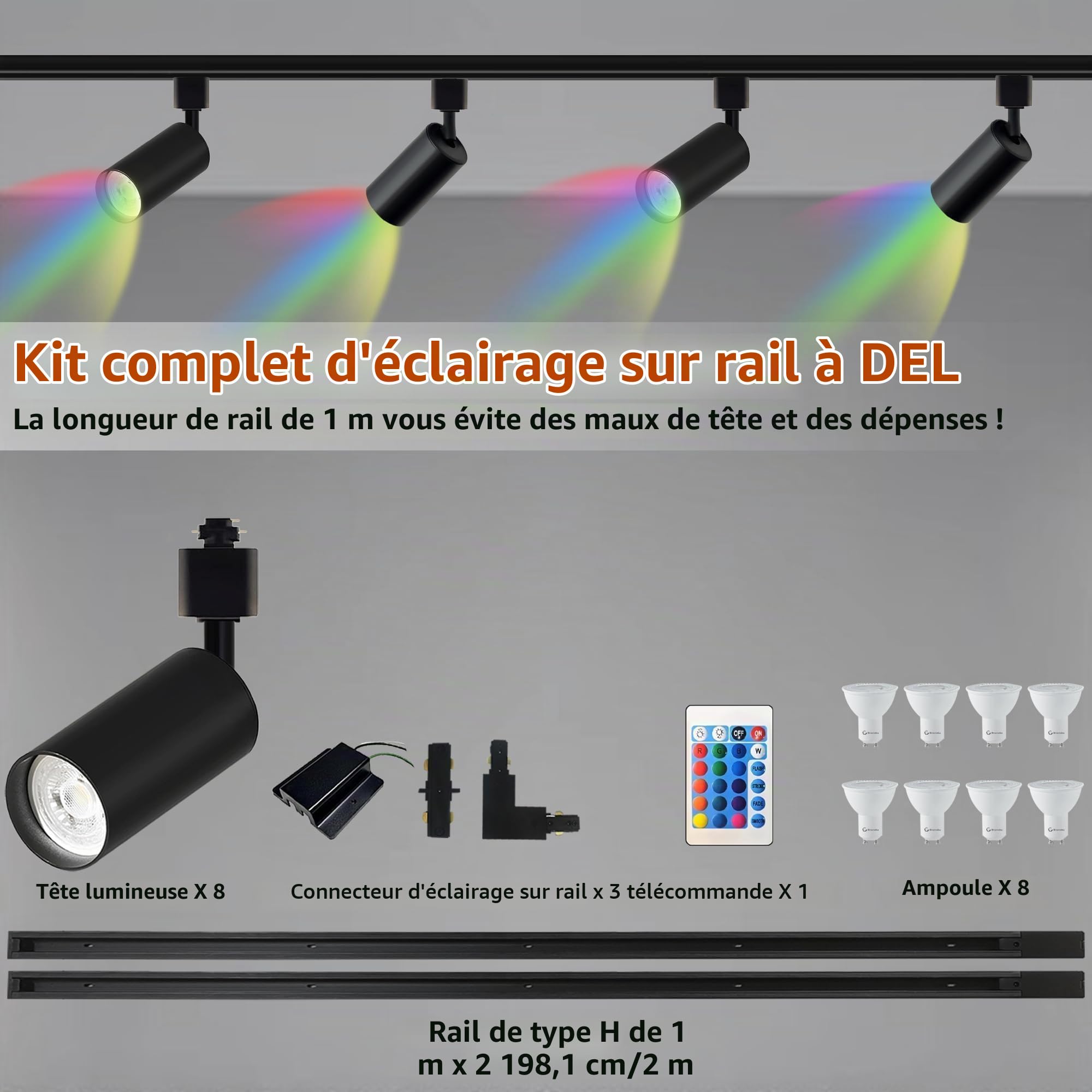 Kit d'éclairage RGB GU10 16 couleurs rail lot de 8 projecteurs à changement de couleur H 2x1,5 M, éclairages sur rail IR pour salon, fêtes à domicile, boîtes de nuit