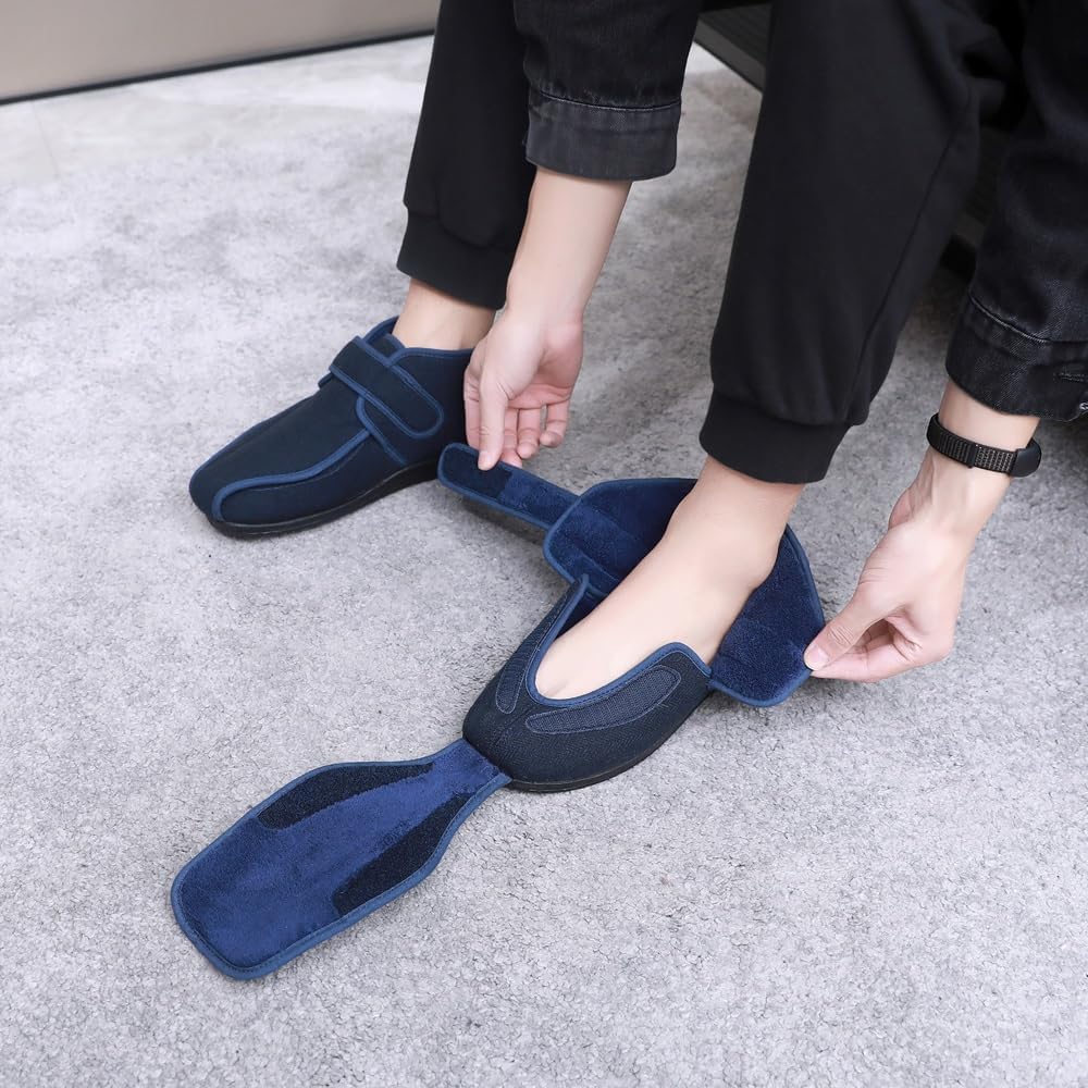 Diabetic Shoes for Men Wide Width Shoes Adjustable Closure Lightweight Swollen Feet Walking Sneakers with 2 Pairs of Non-Binding Seamless Sweat-Absorbing Loose Fit Crew Length Socks(Blue,8)