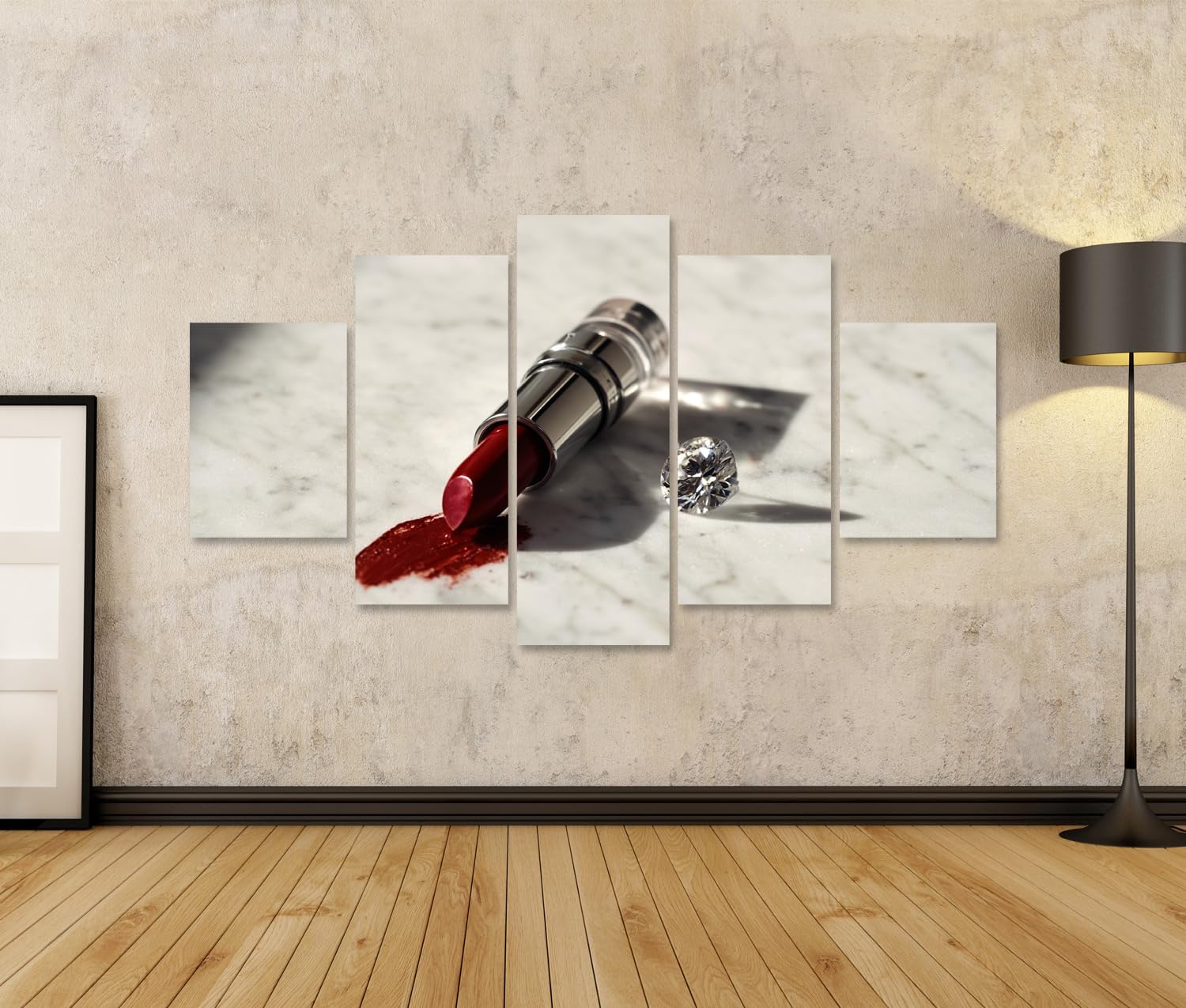 islandburner Bild auf Leinwand Eleganter roter Lippenstift auf Marmor mit Diamant - 5-teilig