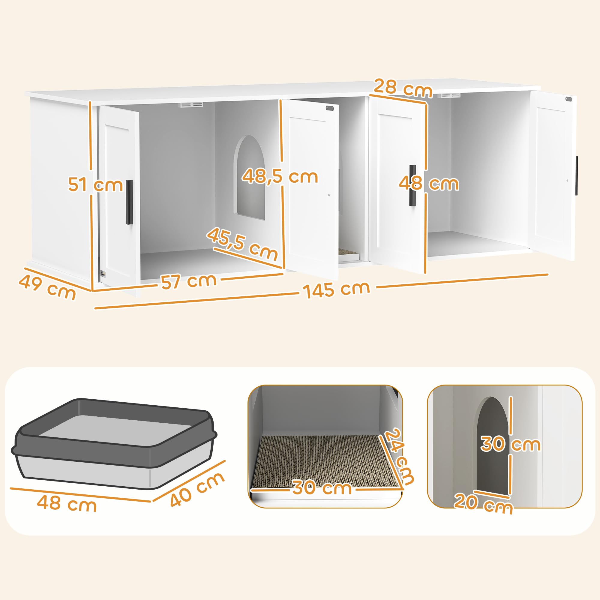 PawHut Katzenklo-Schrank 3 in 1 für Große Katzen 145 x 49 x 51 cm Weiß | Katzenschrank, Versteckter Katzentoilette, Mit Tür Trennwand Kratzmatte, Katzenhaus, Unter 10 kg