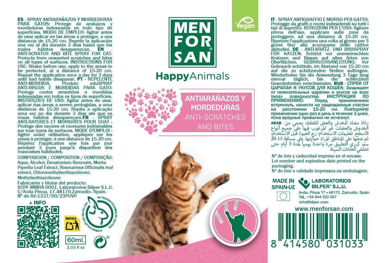 MENFORSAN Antiarañazos y antimordeduras 60ml, Producto educador Natural para Gatos