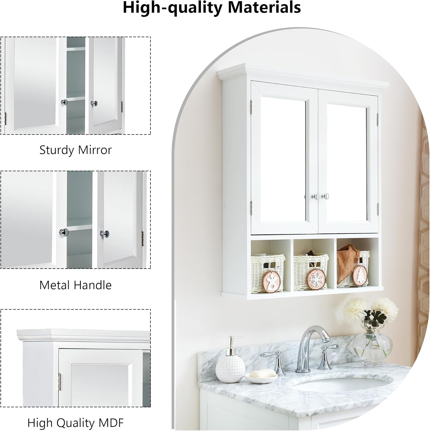 Medicine Cabinet, Bathroom Organiser, Wall Mounted Bathroom Cabinet with Mirror with 2 Adjustable Shelves and 3 Storage Baskets for Laundry Room, Kitchen