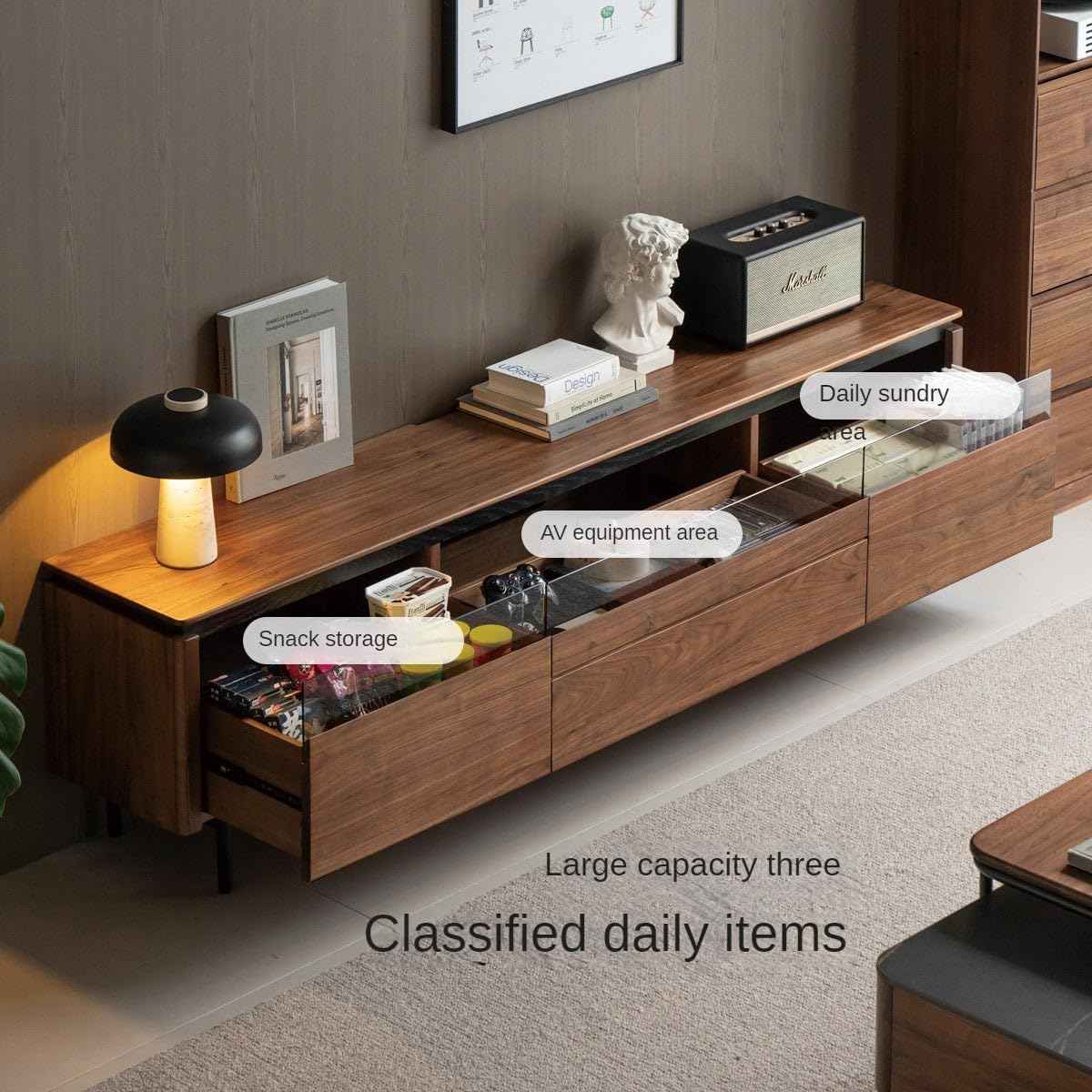 GVAwood Black Walnut Solid Wood Italian Light Luxury TV Cabinet. 78.74x13.77x21.25 inch / 200x35x54 сm/Rich Dark Walnut Color/TV Stands
