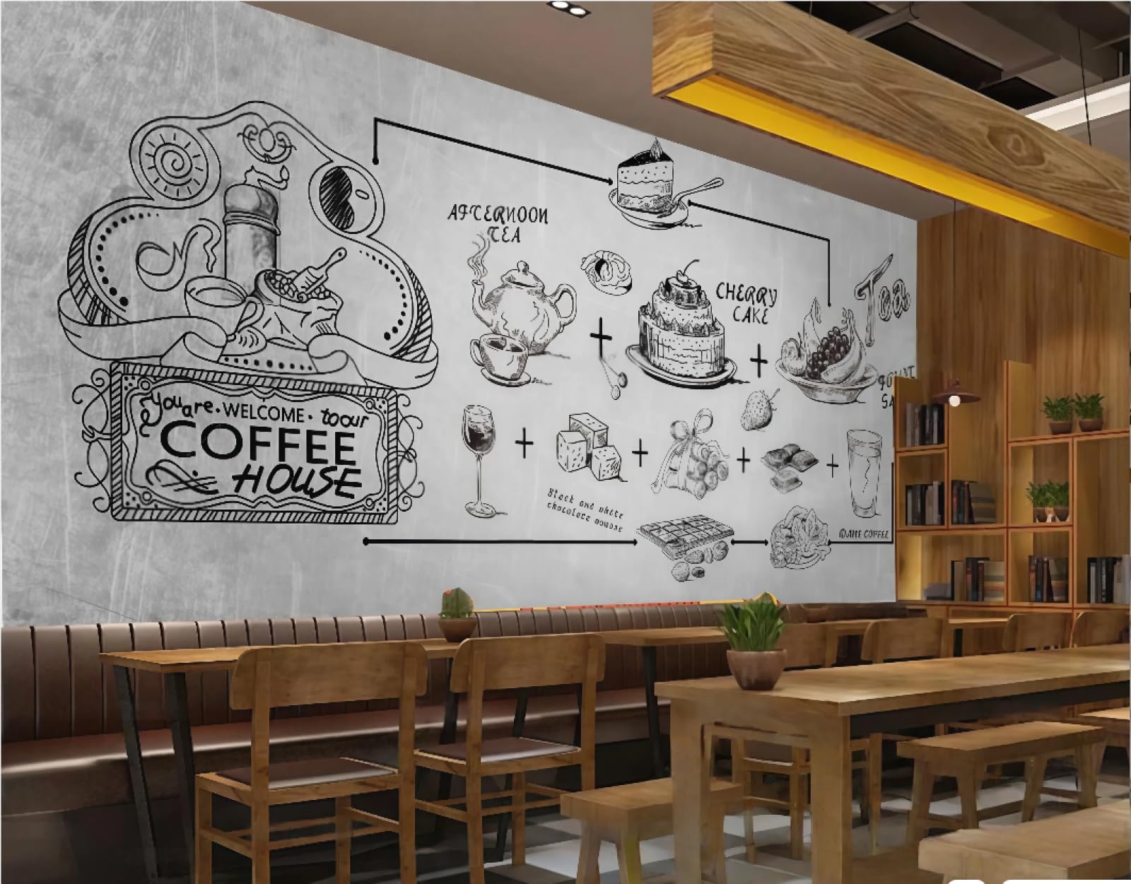 XDOUBAO Wallpaper Fashion Cement Wall Hand-Painted Dessert Shop Coffee Cake Theme Afternoon Tea Western Restaurant Background Wall Wallpaper Coffee Shop Mural,3D,200x140cm