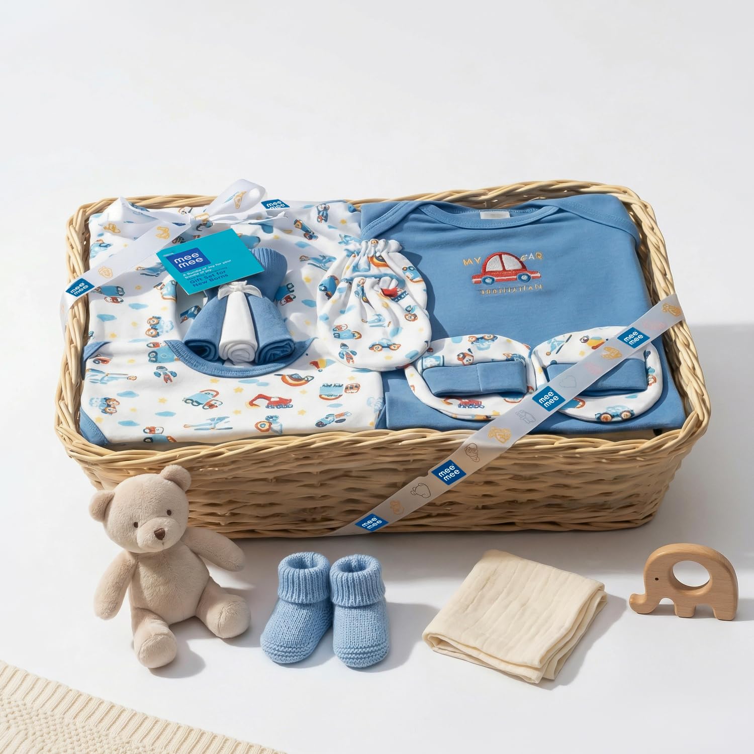 Mee Mee New Born Baby Gift Set | Soft Cotton Clothing Essentials for Infants/Baby Girls, Boys | Baby Shower Clothing Hamper (8 Pieces, Dark Blue)|Perfect Gift for New Born Baby
