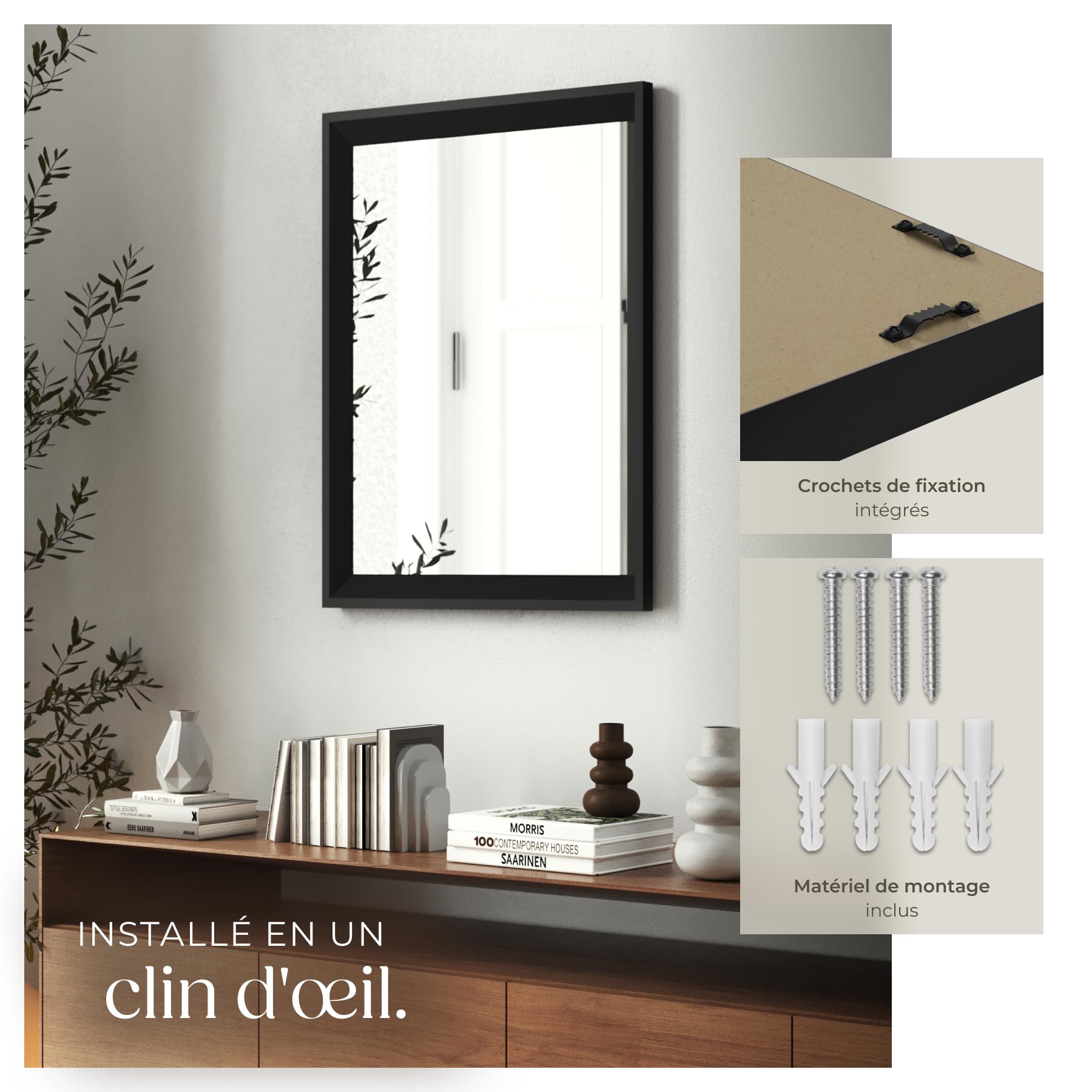 tectake® Miroir Mural rectangulaire avec Cadre Noir en Plastique 40x60cm Miroir Design Moderne Miroir Industriel pour Décoration Chambre Salon Entrée Salle de Bain Dressing Couloir Coiffeuse Maison