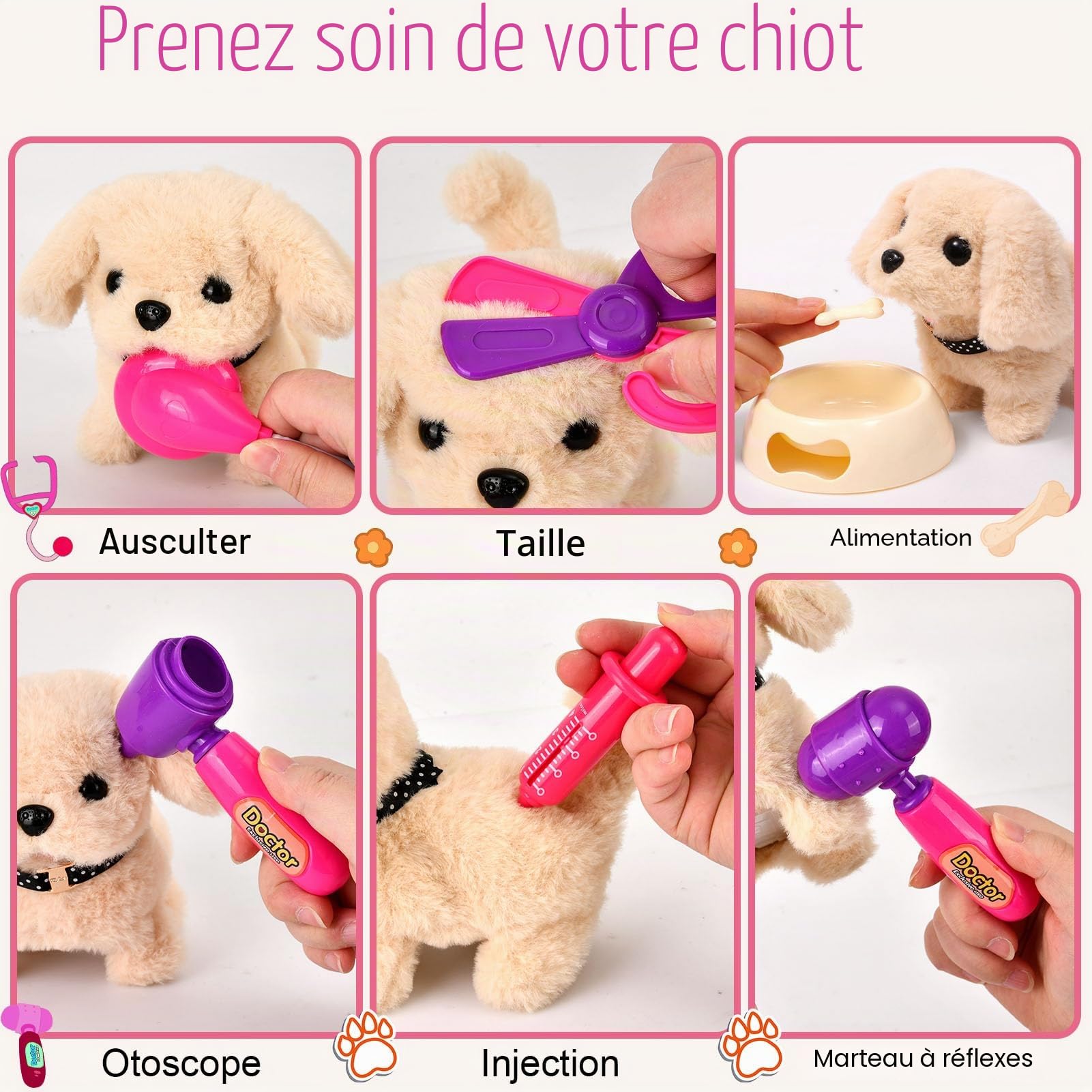 G.C Chien Jouet Enfant Électrique Chien Interactif avec Kit Docteur Déguisement Vétérinaire et Cage, Peluche Chien Qui Marche Aboie et Toilettage Jeu de Rôle Cadeau pour Fille Garçon 3 4 5 6 7 8 Ans