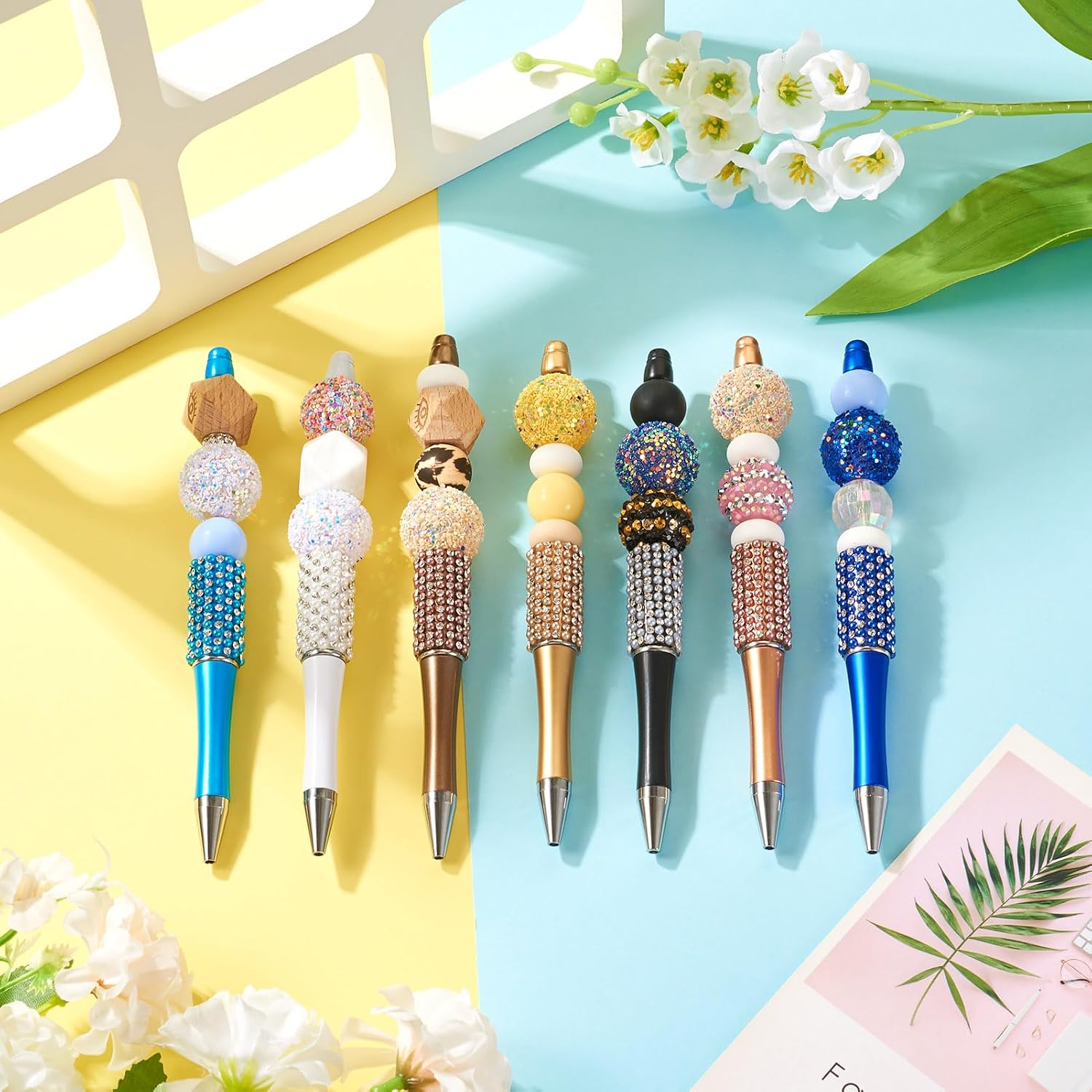 Beadthoven 10pcs Pearl Diamond Beadable Pens, Rhinestone Beaded Pens Plastic DIY Crystal Bling Pearl Bead Pens Shaft Black Ink Ballpoint Pens for DIY Pens Making Supplies Gift Office School - White image 5