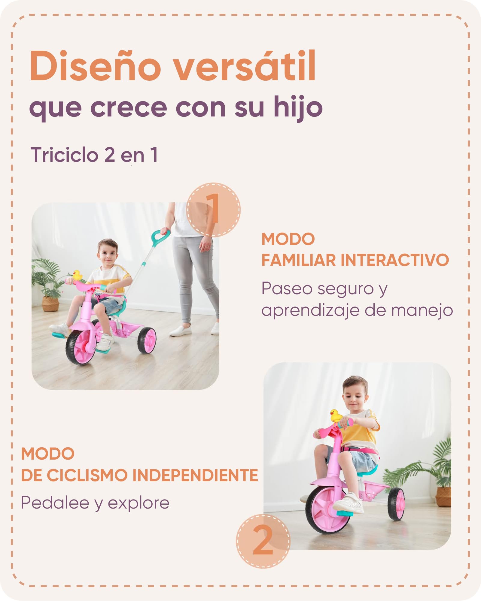 KRIDDO Triciclos 2 en 1 para niños de 18 Meses a 3 años, Ruedas EVA mejoradas, Triciclo de Regalo para niños pequeños, triciclos para niños de 2 a 3 años con Mango de Empuje y Campana de Pato, Rosa