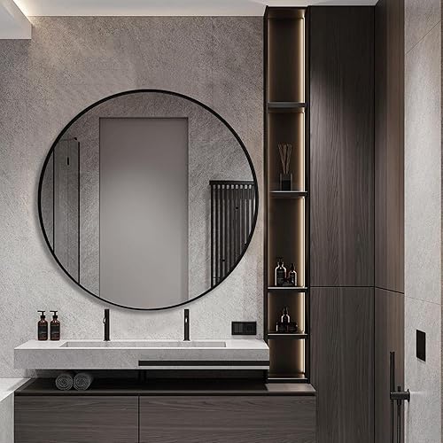 Miniatura 6 de Clavie Espejo de baño, espejo redondo de plata cepillada de 24 pulgadas, espejo de pared moderno con marco de acero inoxidable, espejo circular