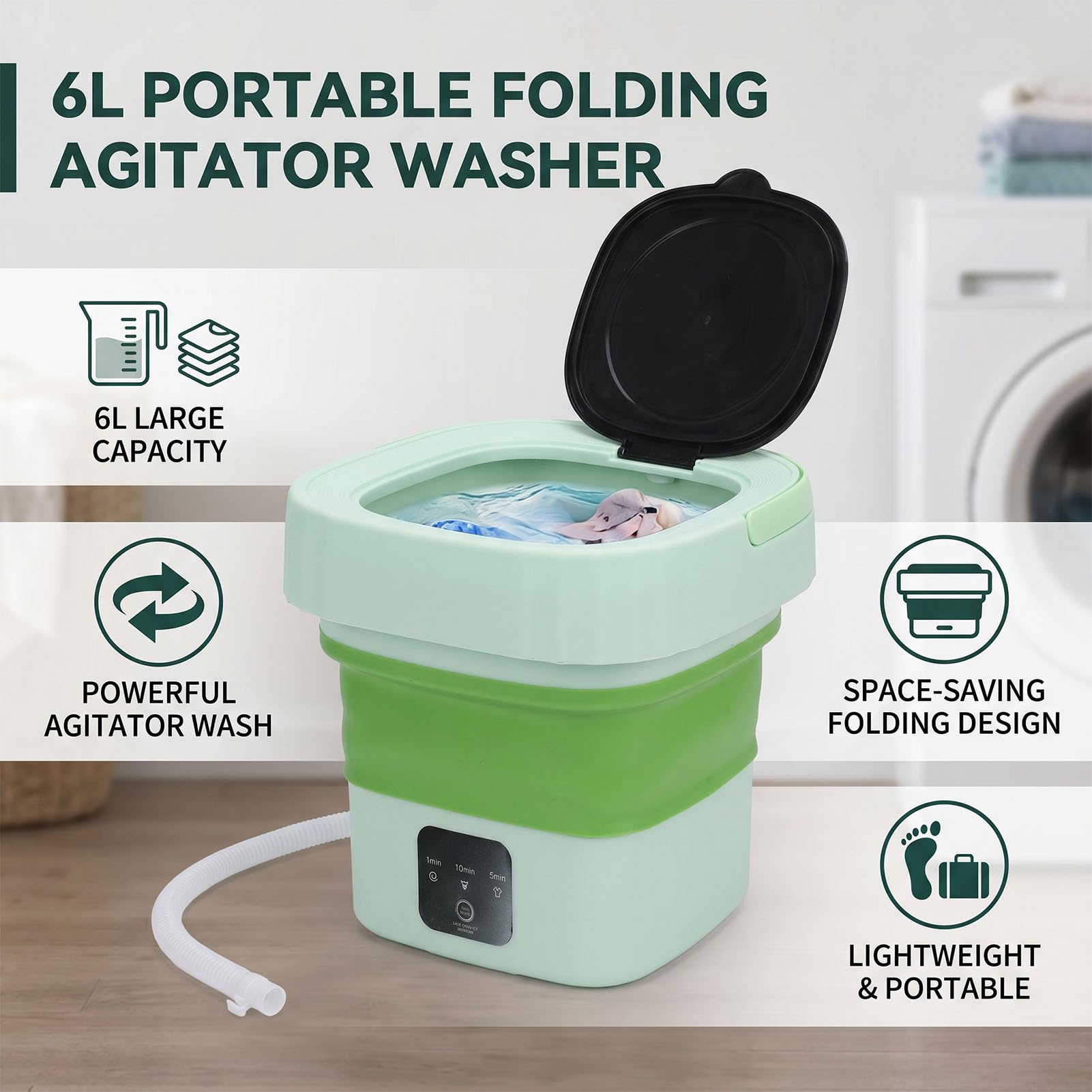 Lavadora Plegable de 6 Litros con Cesta para Manguera de Drenaje (Enchufe de la UE 100-240V)