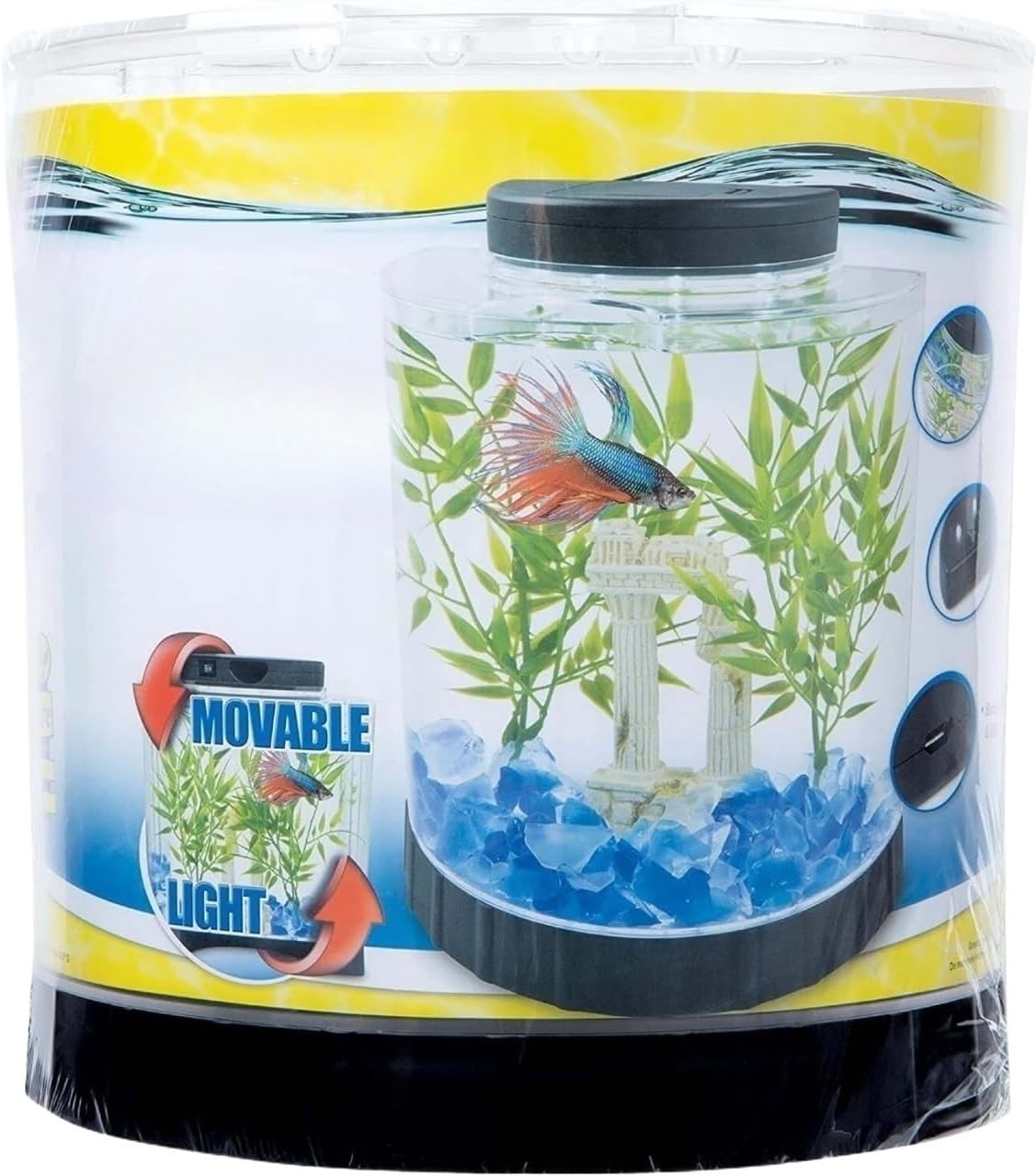 1.76 Gallon Half Moon Desktop Aquarium Kit with Adjustable Movable LED Light, Mini Freshwater Fish Habitat with Feeding Opening Cover, Compact Low-Maintenance Beginner Tank for Betta Fish