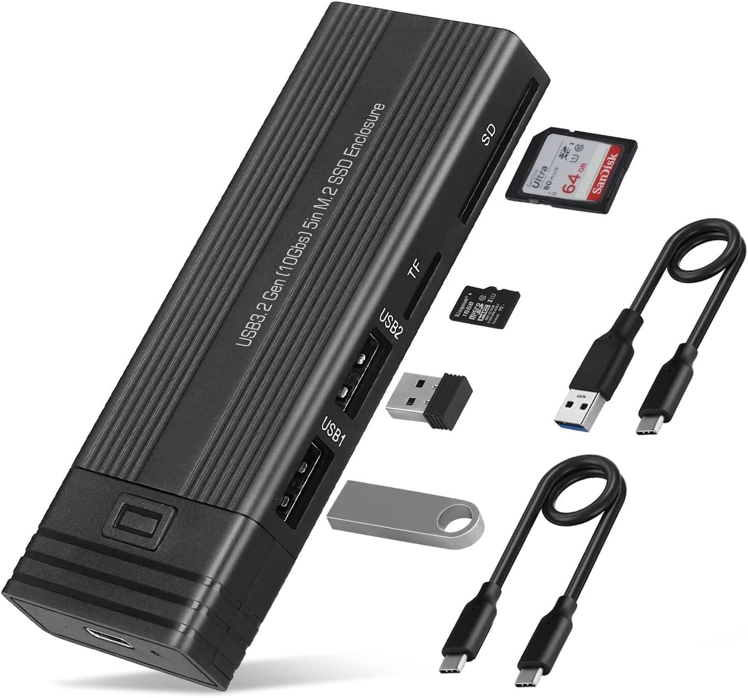 XLT M.2 NVMe SSD Enclosure Adapter Tool-Free, USB 3.2 Gen 2 10Gbps HDD Adapter MKey(B+M Key) SSD Reader, with 2 Port USB Type-A and SD/TF Cardread, Support UASP Trim for 2242/2260/2280