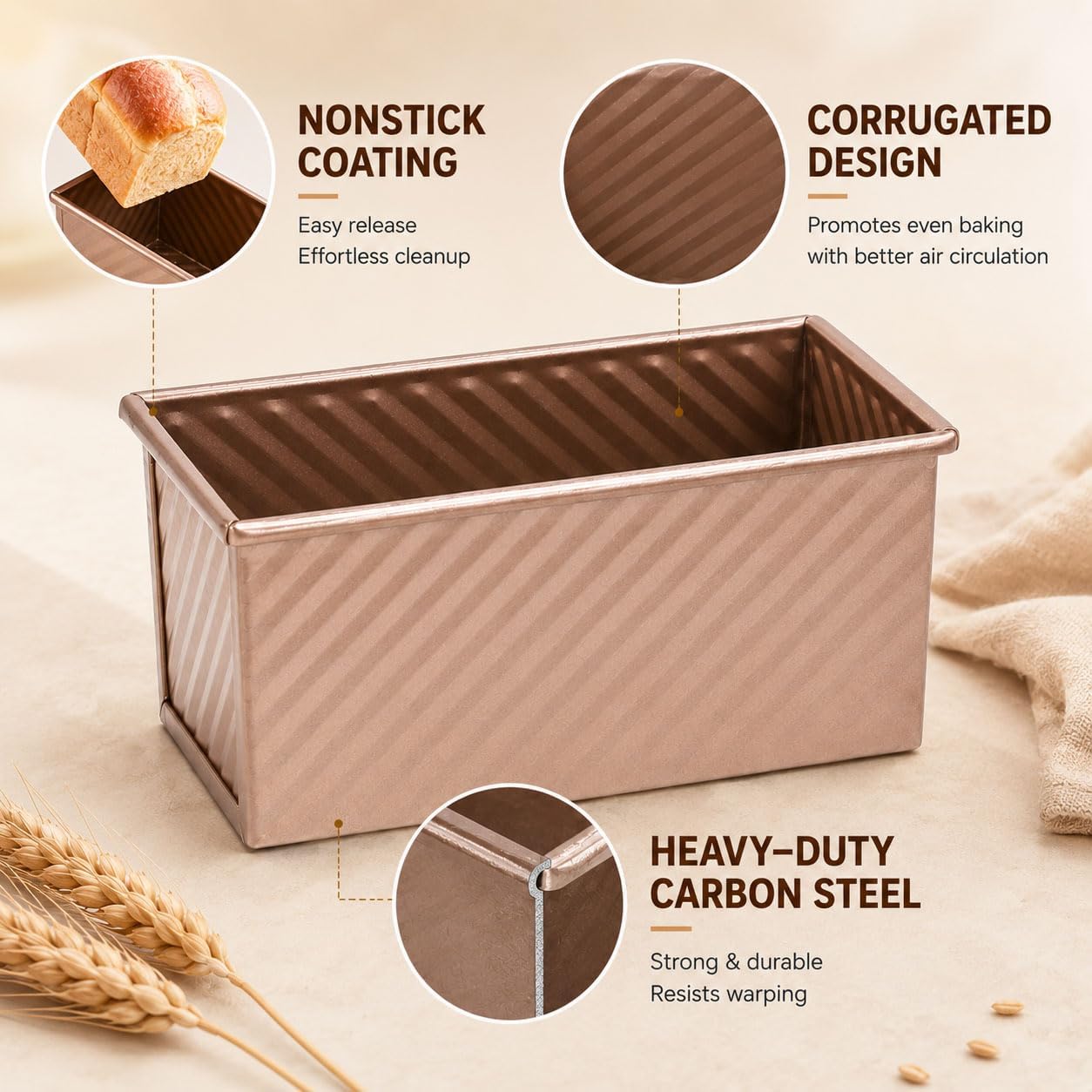 Pullman Loaf Pan with Lid 2 Pack, Carbon Steel Nonstick Bread Baking Pans with Sliding Lid, Gold Toast Mold for Sandwich Bread and Square Loaf, Small and Large Sizes, Oven Safe to 446°F