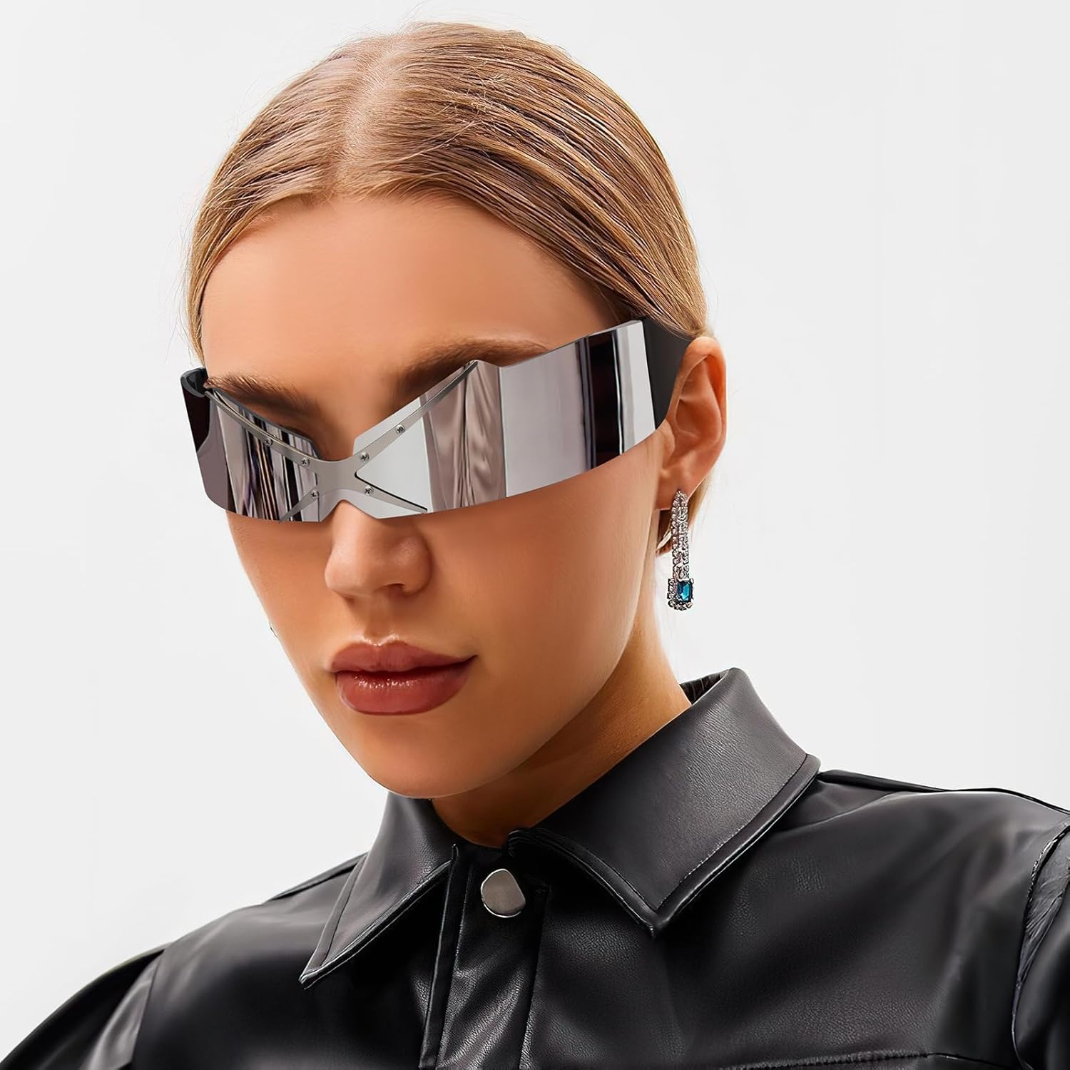 Dollger Futuristic Sunglasses Y2K Space Cyclops Wrap Around Glasses Rimless Translucent Mirrored Lens - Image 5
