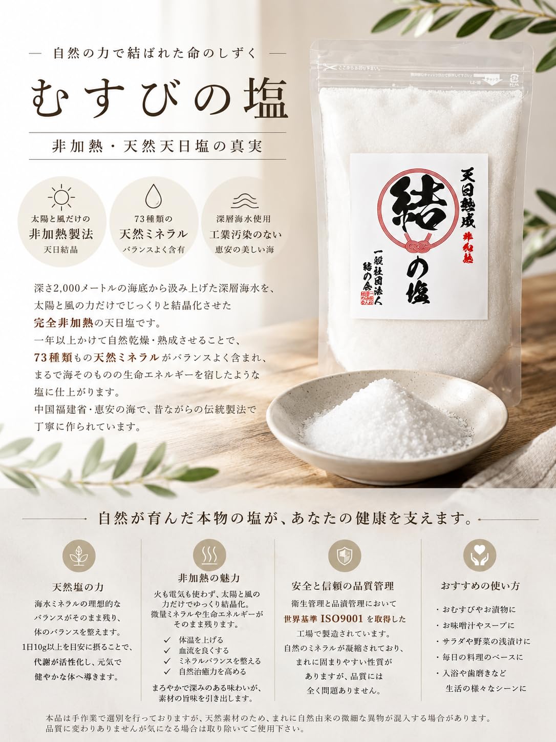 Amazon.co.jp: 天然塩 天日塩 むすびの塩 1.0kg 天日熟成 非加熱 結の